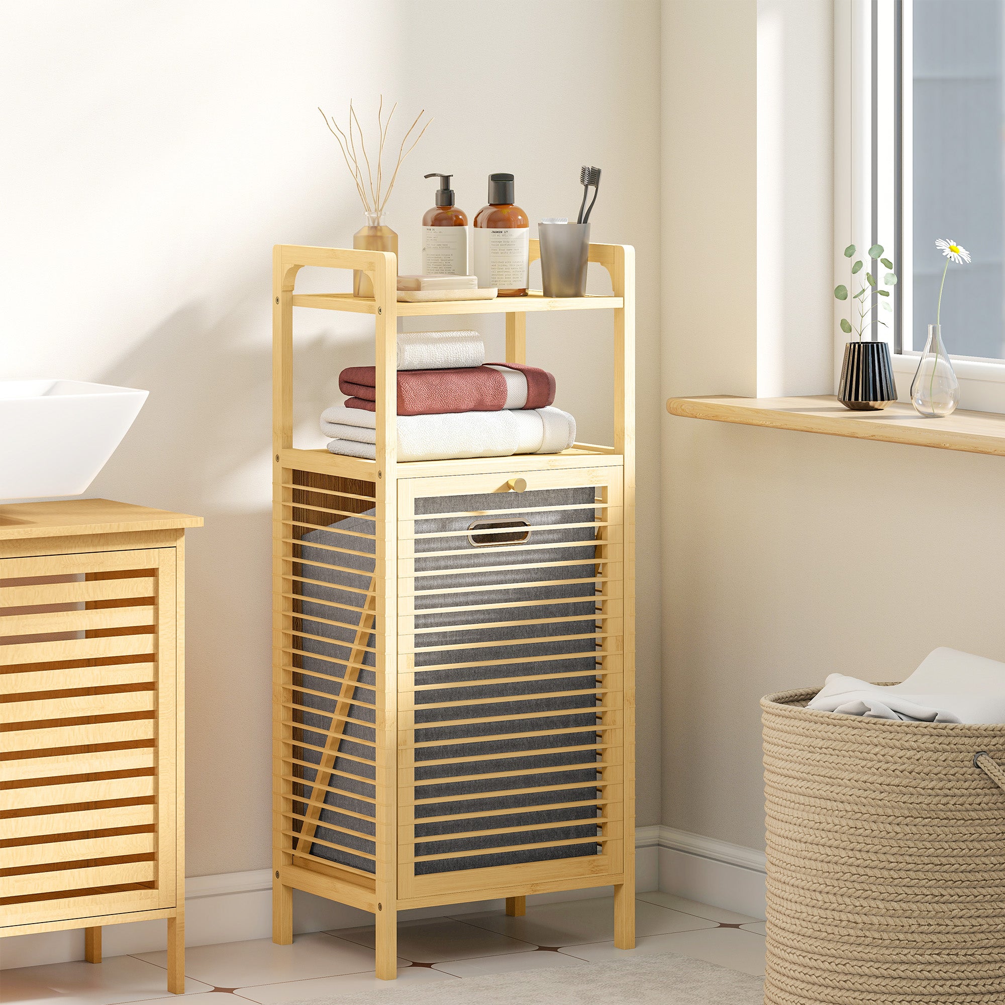 Meuble de rangement à linge en bambou, meuble de salle de bain avec étagère, panier à linge basculant, porte à lattes et sac de rangement amovible, 40 x 30 x 95 cm, effet bois naturel
