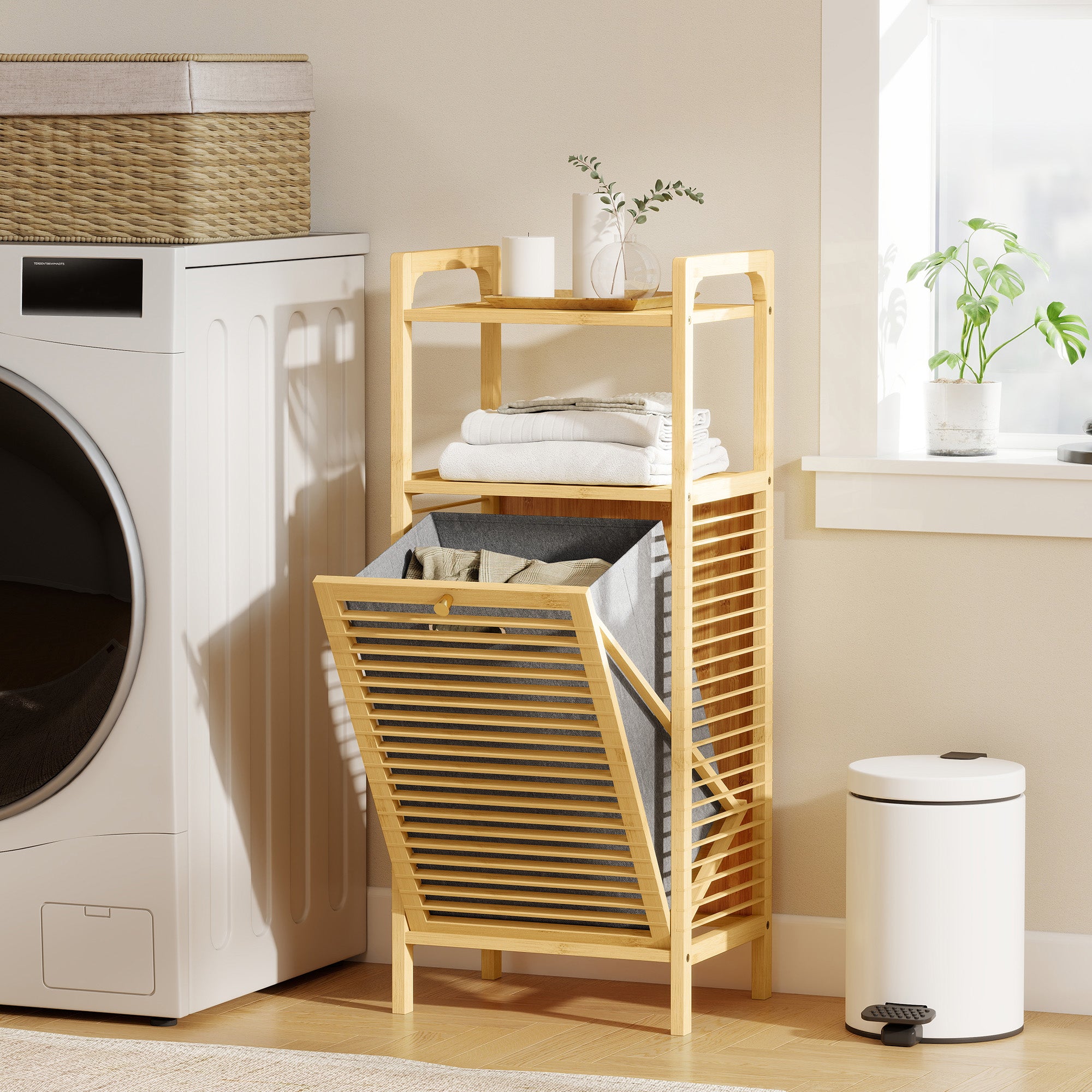 Meuble de rangement à linge en bambou, meuble de salle de bain avec étagère, panier à linge basculant, porte à lattes et sac de rangement amovible, 40 x 30 x 95 cm, effet bois naturel
