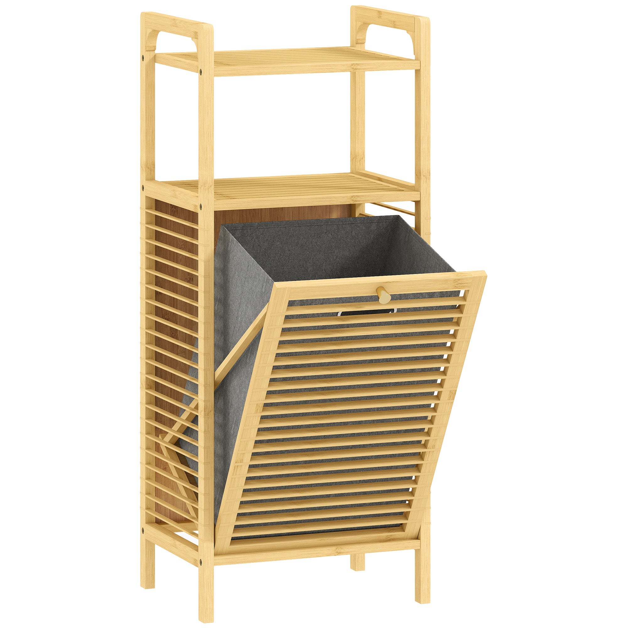Meuble de rangement à linge en bambou, meuble de salle de bain avec étagère, panier à linge basculant, porte à lattes et sac de rangement amovible, 40 x 30 x 95 cm, effet bois naturel