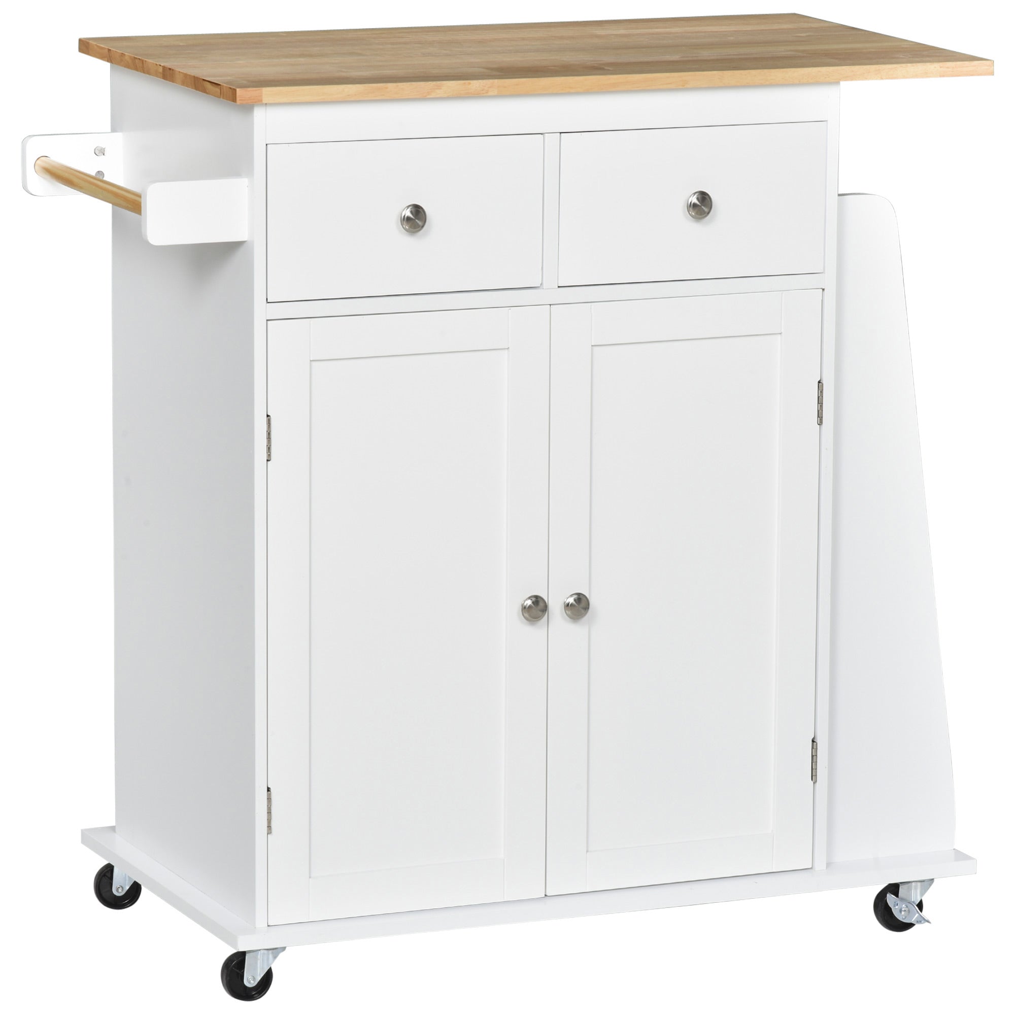 Desserte de cuisine ilôt cuisine avec plan de travail étagère range-bouteilles porte-torchons 2 tiroirs placard 2 portes MDF blanc hévéa