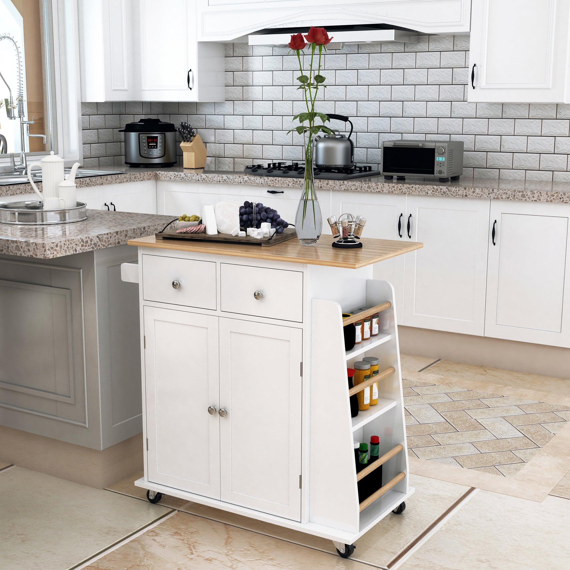 Desserte de cuisine ilôt cuisine avec plan de travail étagère range-bouteilles porte-torchons 2 tiroirs placard 2 portes MDF blanc hévéa