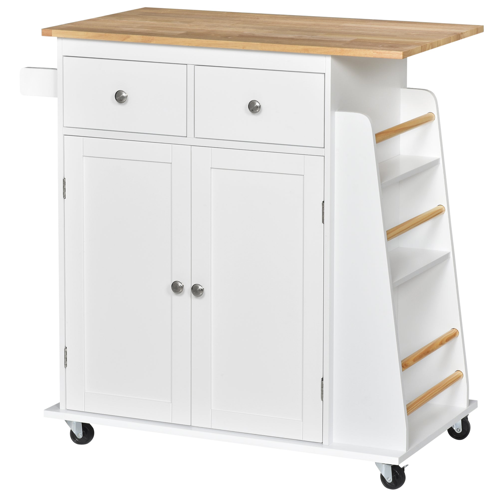 Desserte de cuisine ilôt cuisine avec plan de travail étagère range-bouteilles porte-torchons 2 tiroirs placard 2 portes MDF blanc hévéa