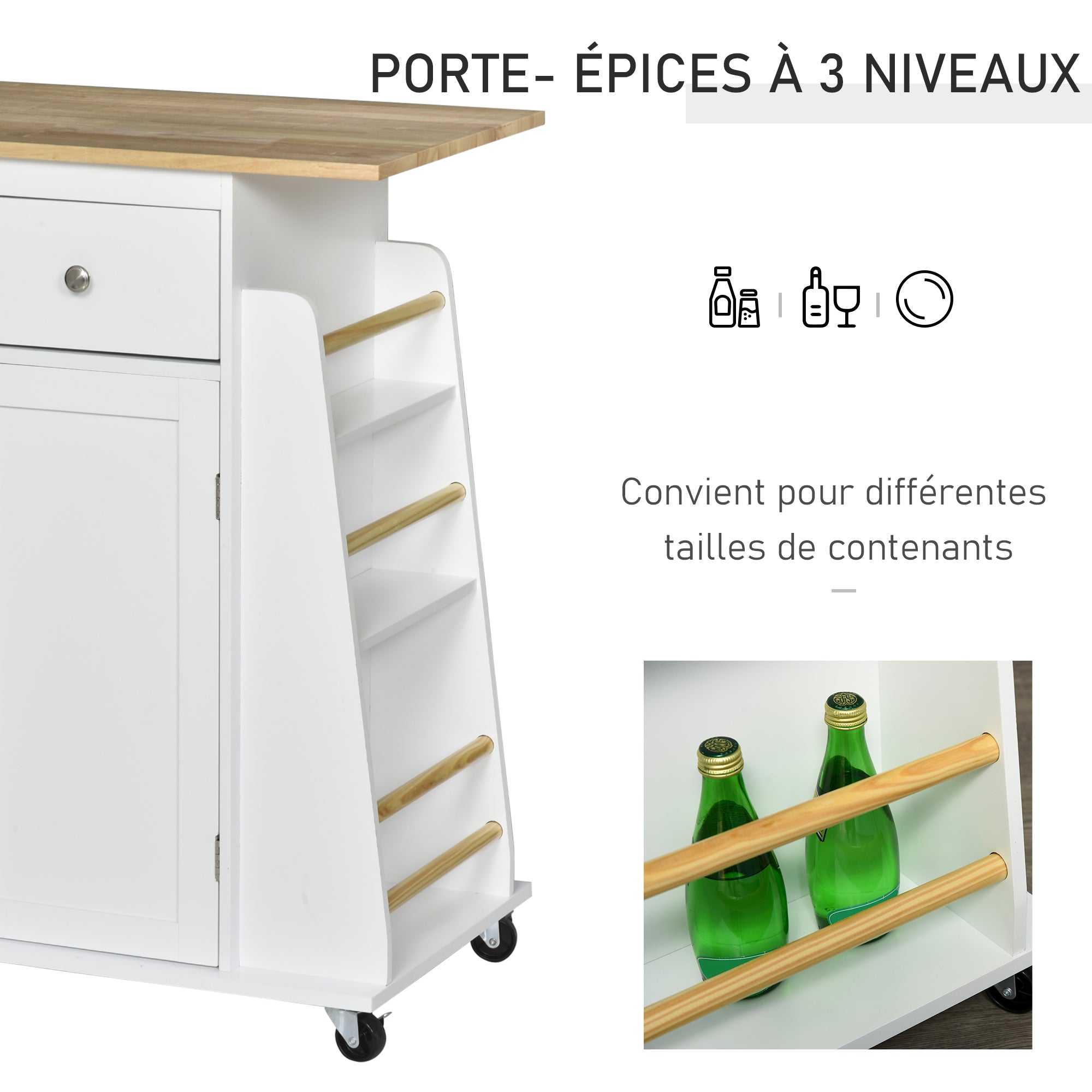 Desserte de cuisine ilôt cuisine avec plan de travail étagère range-bouteilles porte-torchons 2 tiroirs placard 2 portes MDF blanc hévéa