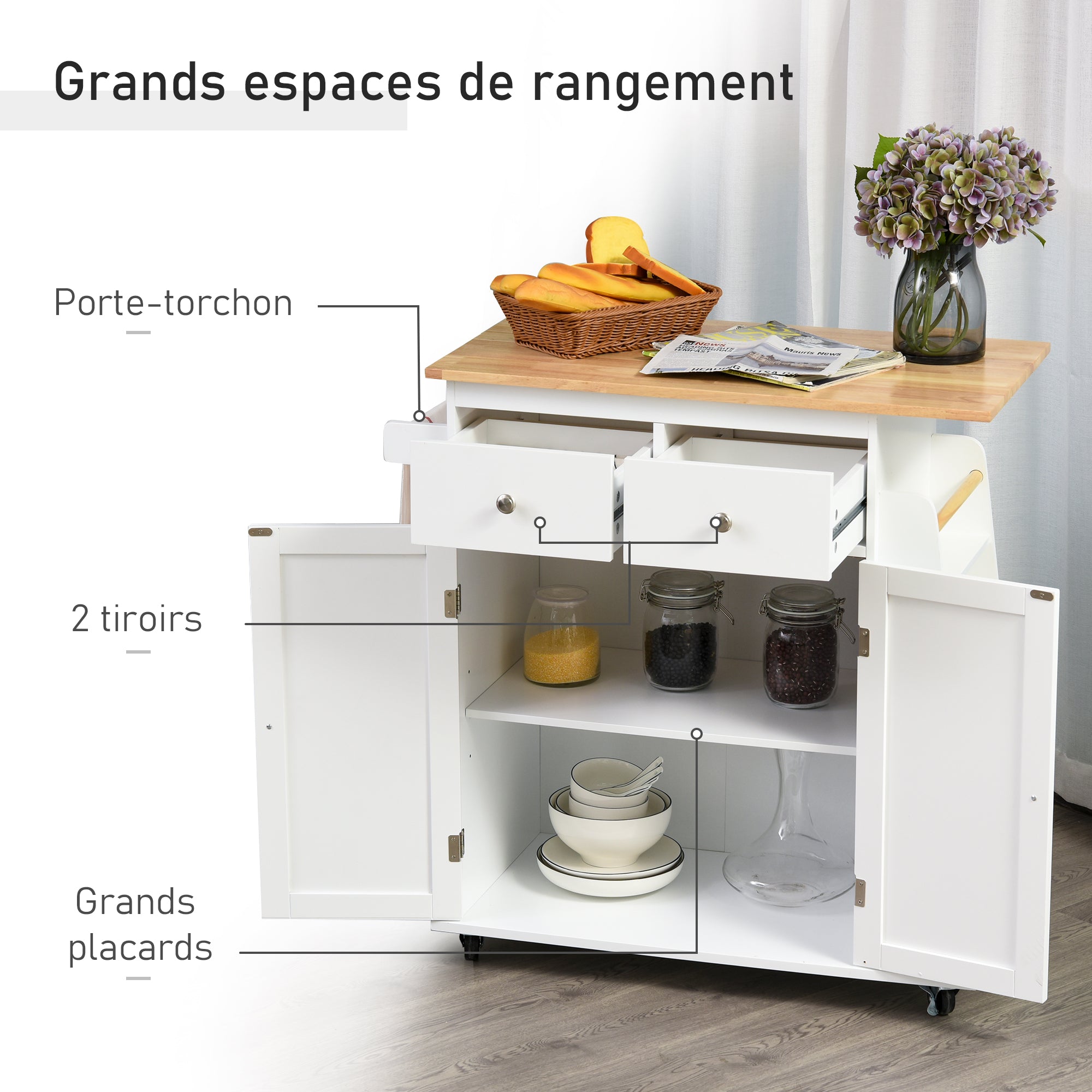 Desserte de cuisine ilôt cuisine avec plan de travail étagère range-bouteilles porte-torchons 2 tiroirs placard 2 portes MDF blanc hévéa