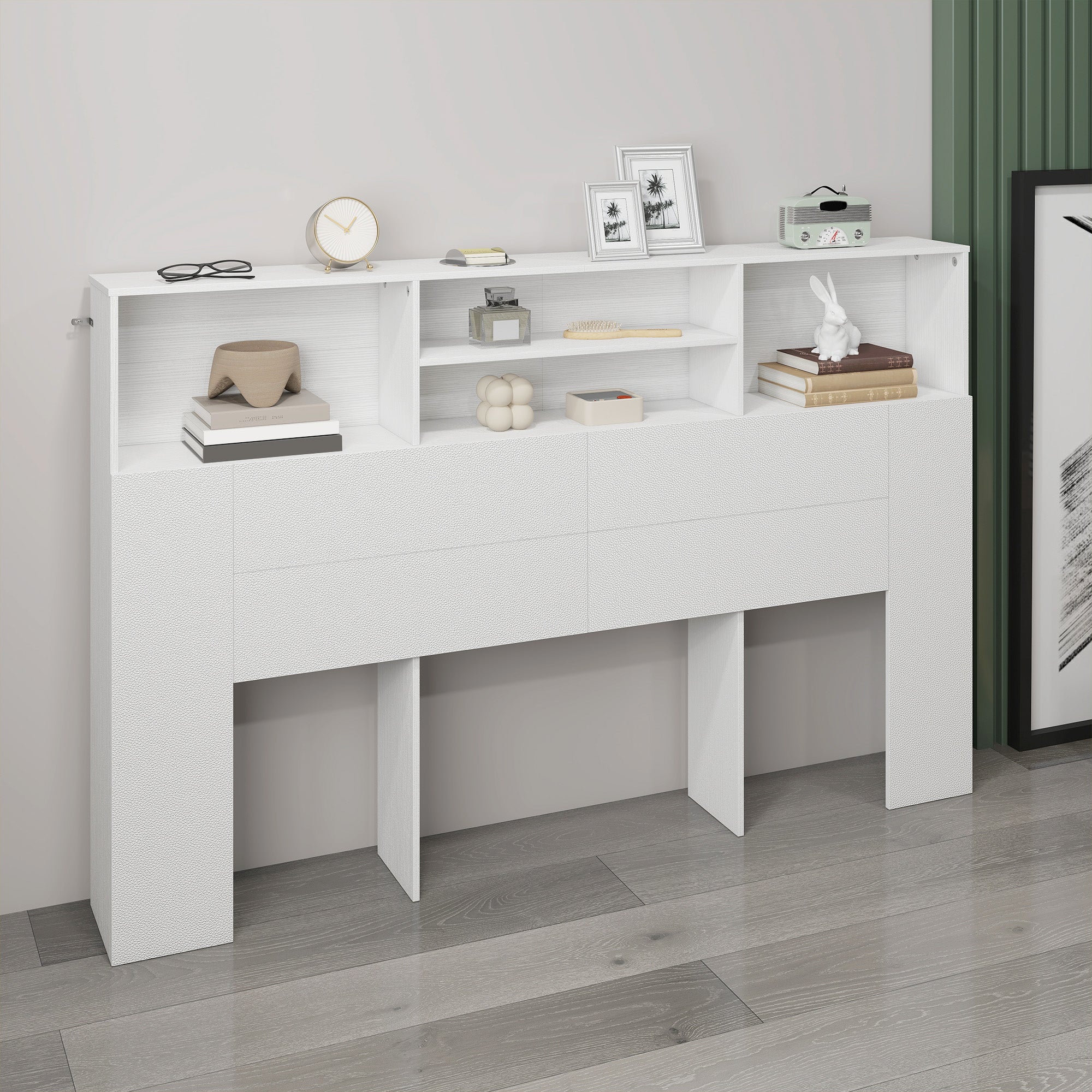 Tête de lit sur pied 160 cm avec rangements, accessoire de lit moderne avec 4 compartiments ouverts pour chambre, 160 x 20,2 x 108,2 cm, blanc