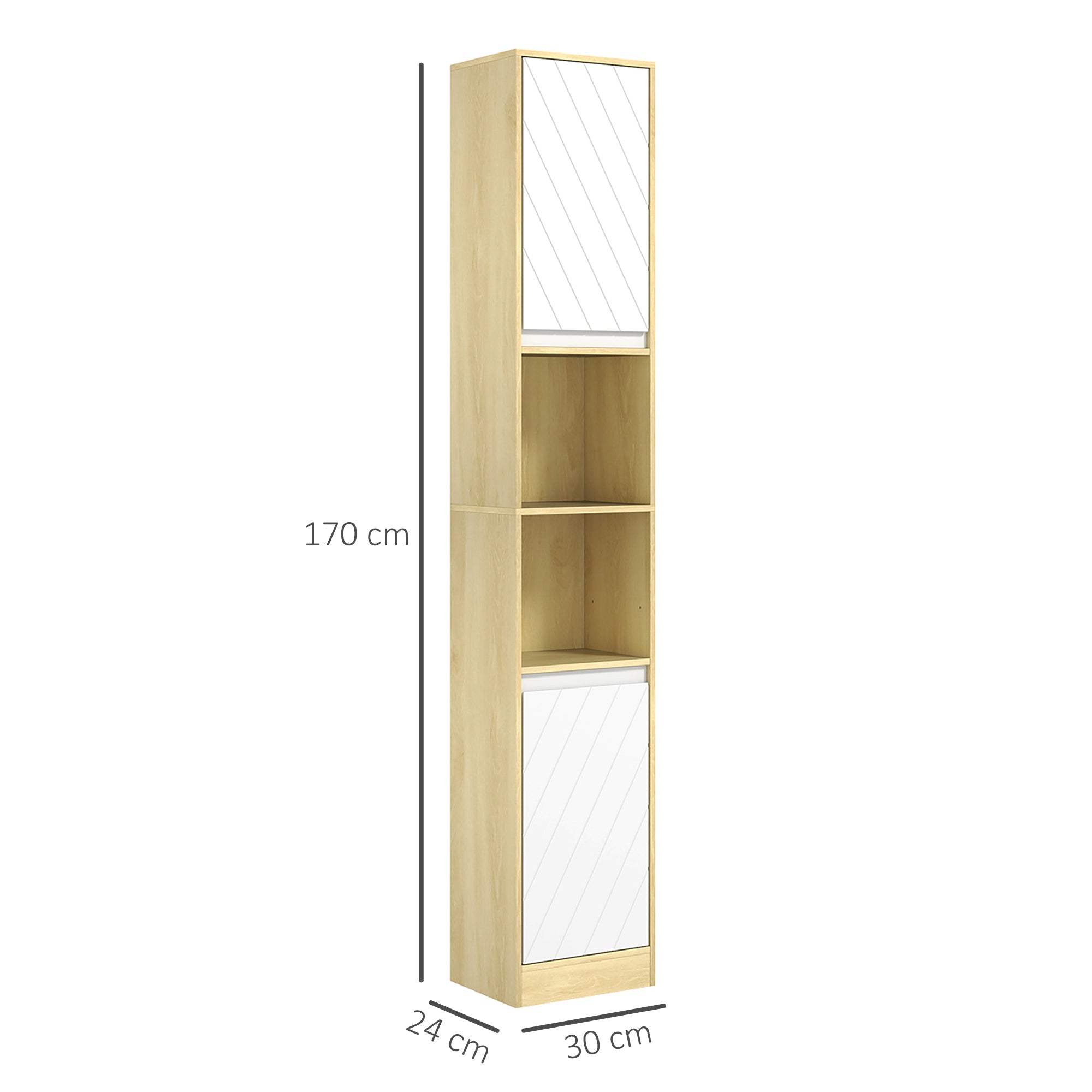 Meuble colonne rangement salle de bain style cosy 30 x 24 x 170 cm 2 portes étagère 2 niches chêne clair blanc