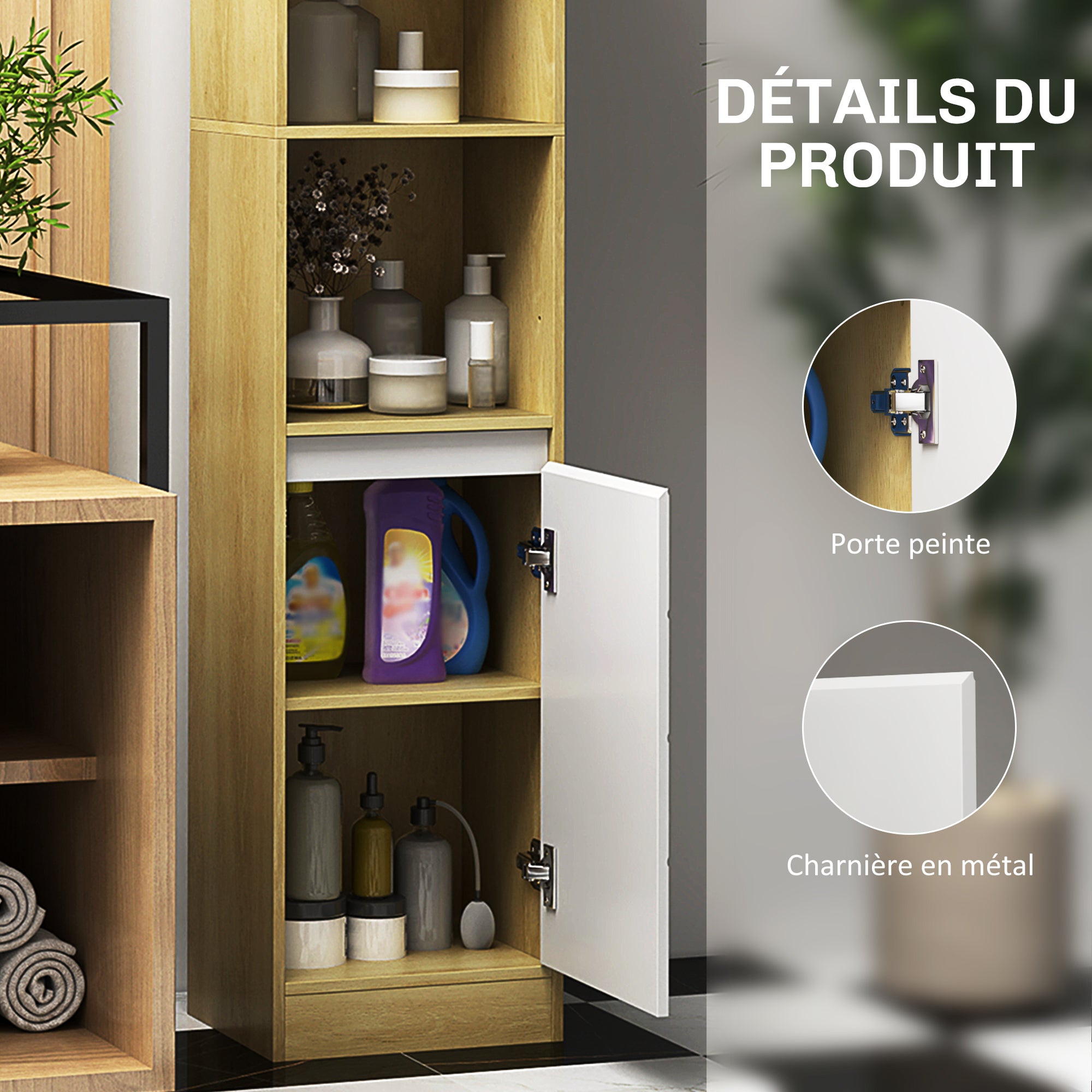 Meuble colonne rangement salle de bain style cosy 30 x 24 x 170 cm 2 portes étagère 2 niches chêne clair blanc