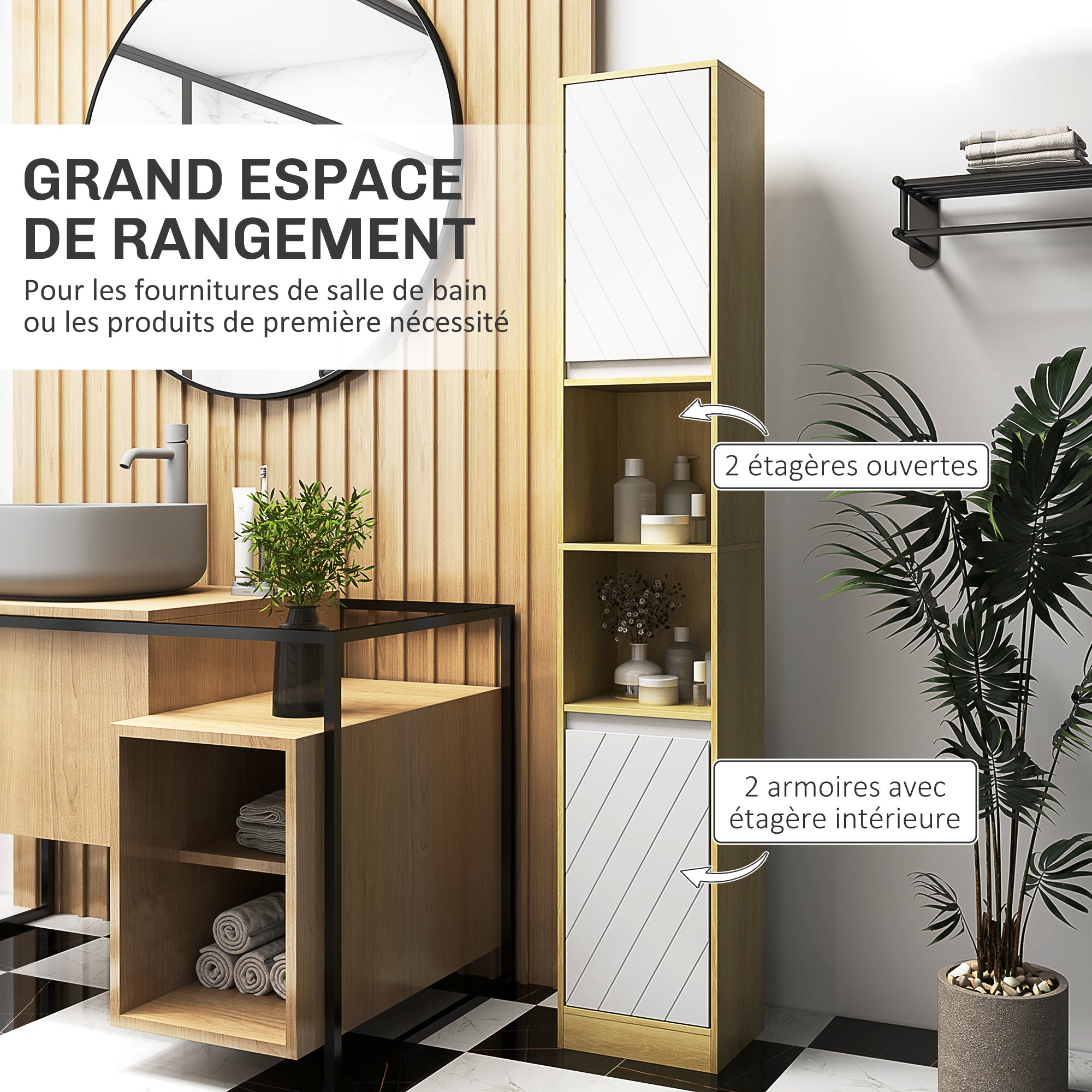 Meuble colonne rangement salle de bain style cosy 30 x 24 x 170 cm 2 portes étagère 2 niches chêne clair blanc