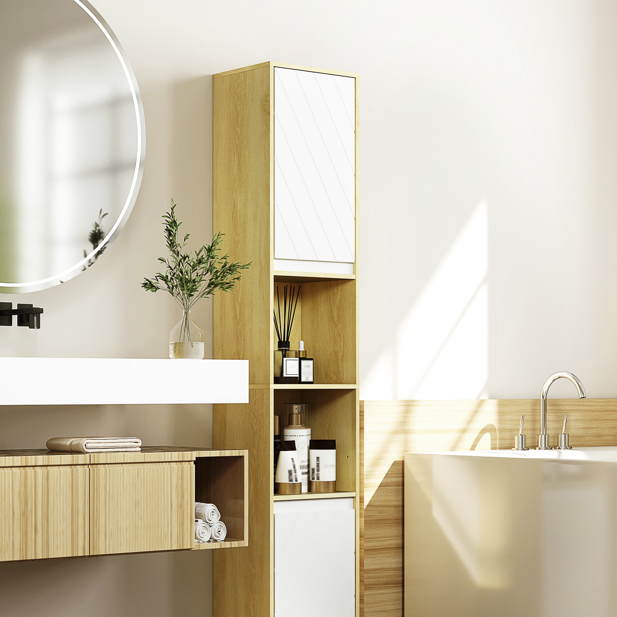 Meuble colonne rangement salle de bain style cosy 30 x 24 x 170 cm 2 portes étagère 2 niches chêne clair blanc