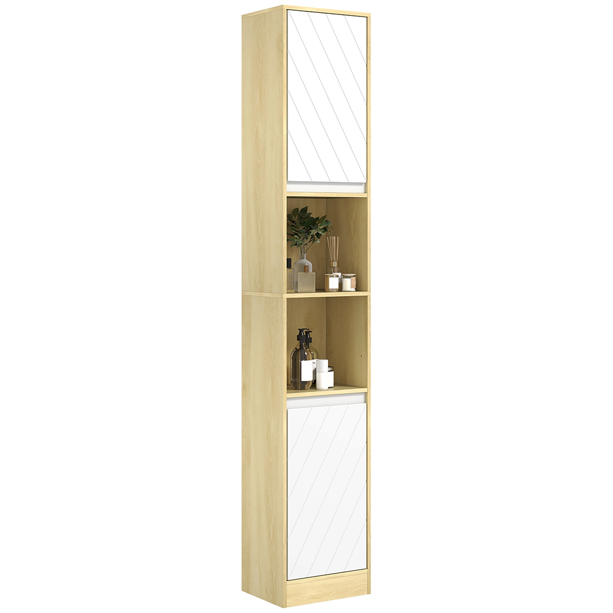 Meuble colonne rangement salle de bain style cosy 30 x 24 x 170 cm 2 portes étagère 2 niches chêne clair blanc