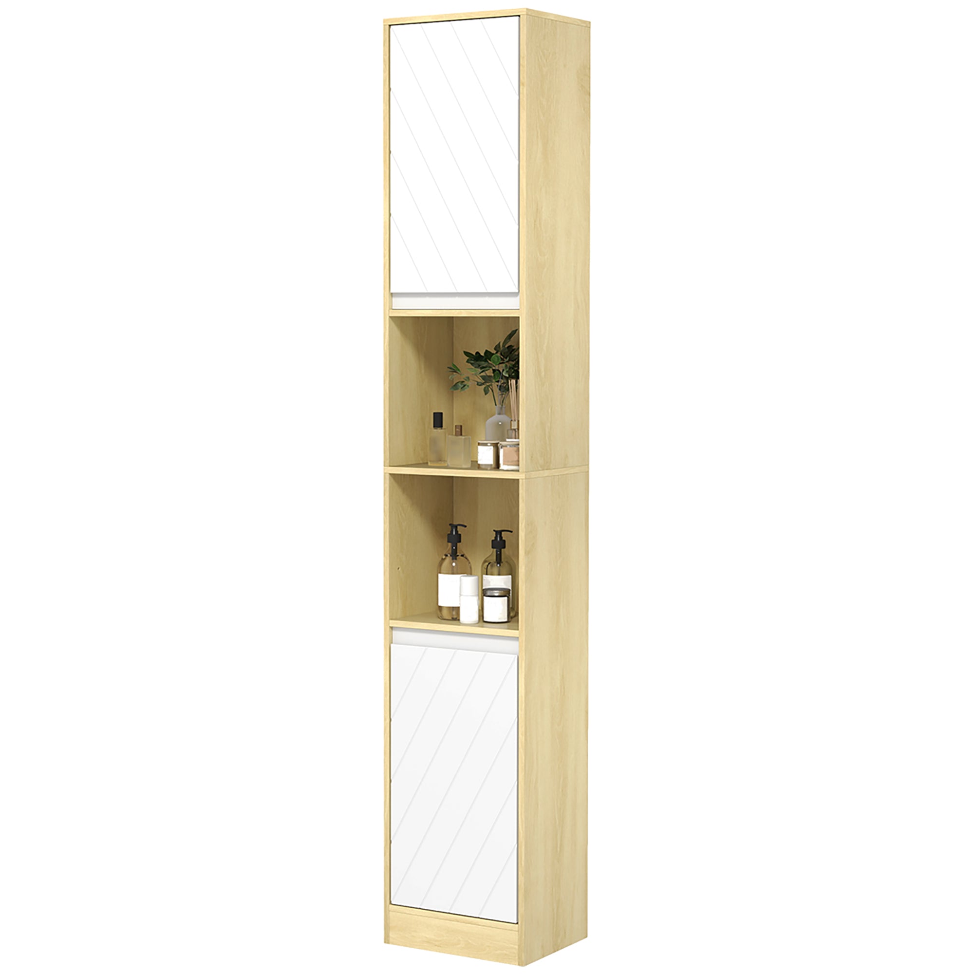 Meuble colonne rangement salle de bain style cosy 30 x 24 x 170 cm 2 portes étagère 2 niches chêne clair blanc