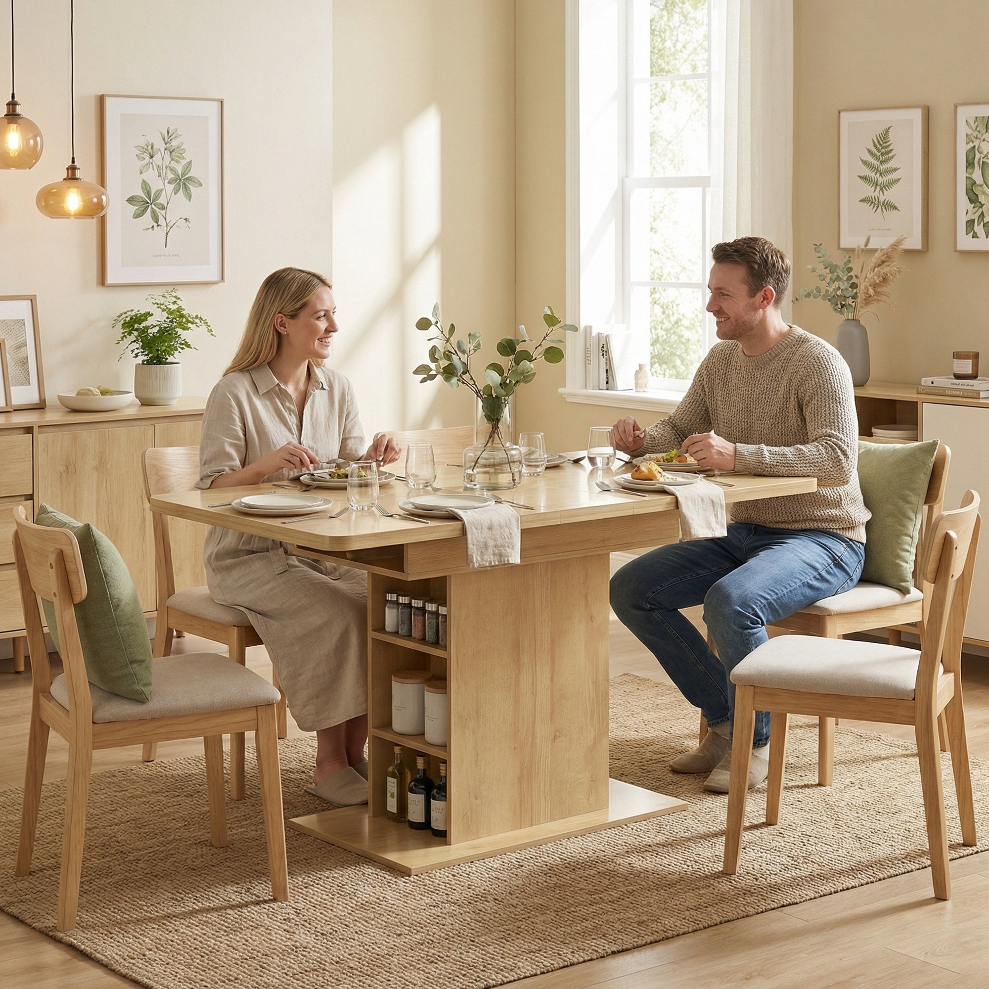 Table à Manger Extensible Rectangle pour 4 à 6 Personnes, Table de Cuisine 110-130 cm avec 6 Étagères Ouvertes et Compartiment, pour Petits Espaces, Salle à Manger, Salon, Bois Naturel