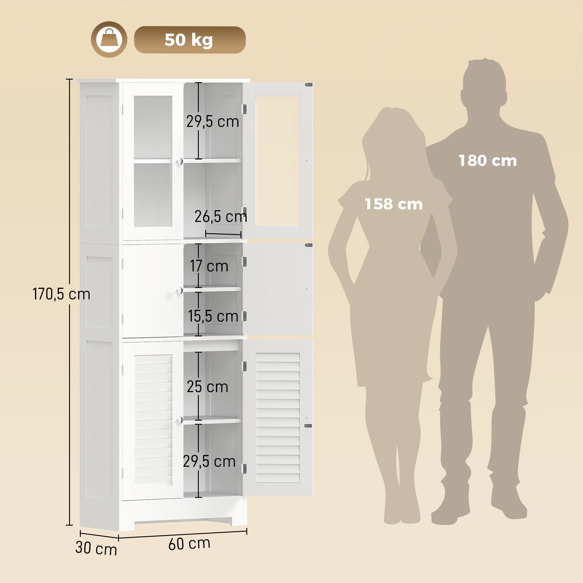 Meuble de salle de bain haut, meuble de rangement, colonne salle de bain avec 6 portes dont 2 vitrées et 2 persiennes, étagère réglable, style moderne, pour salon, chambre, 60x30x170,5cm, blanc