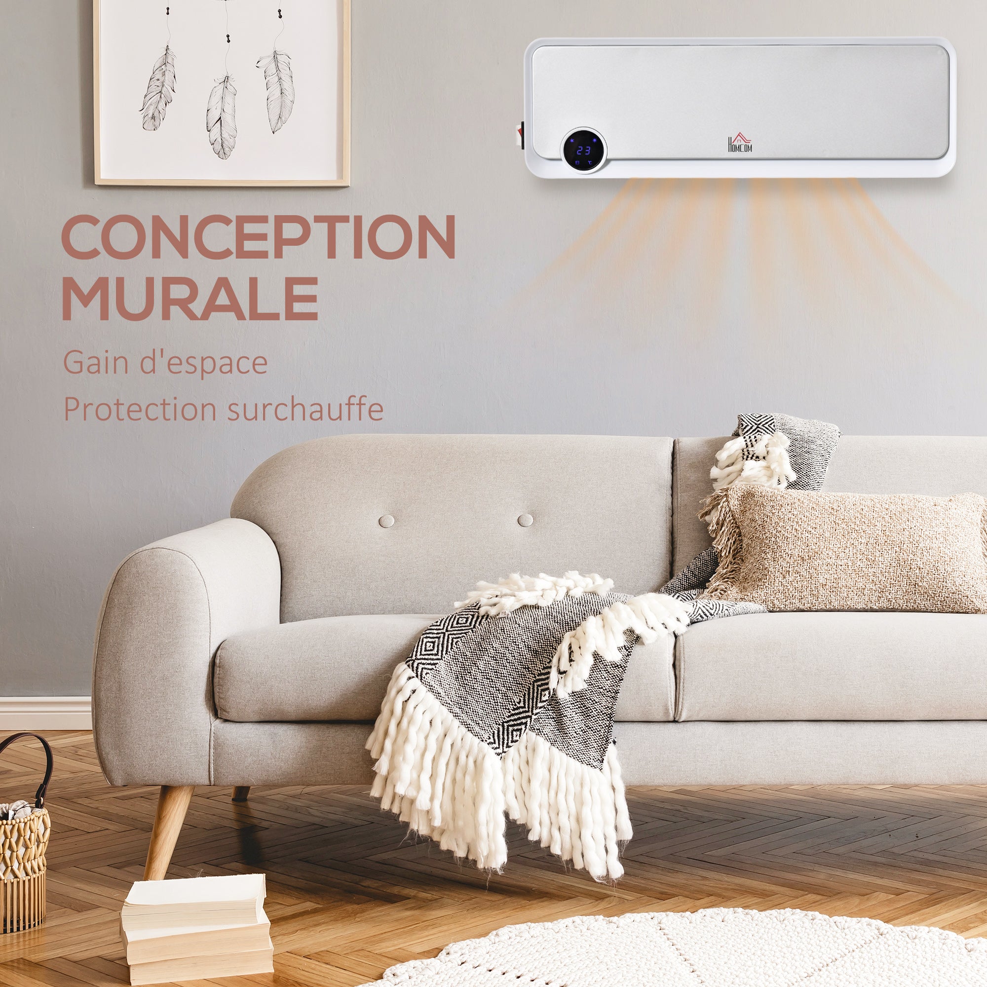 Radiateur mural soufflant oscillant 2000 W - chauffage céramique PTC - 3 niveaux de puissance - télécommande incluse blanc argenté