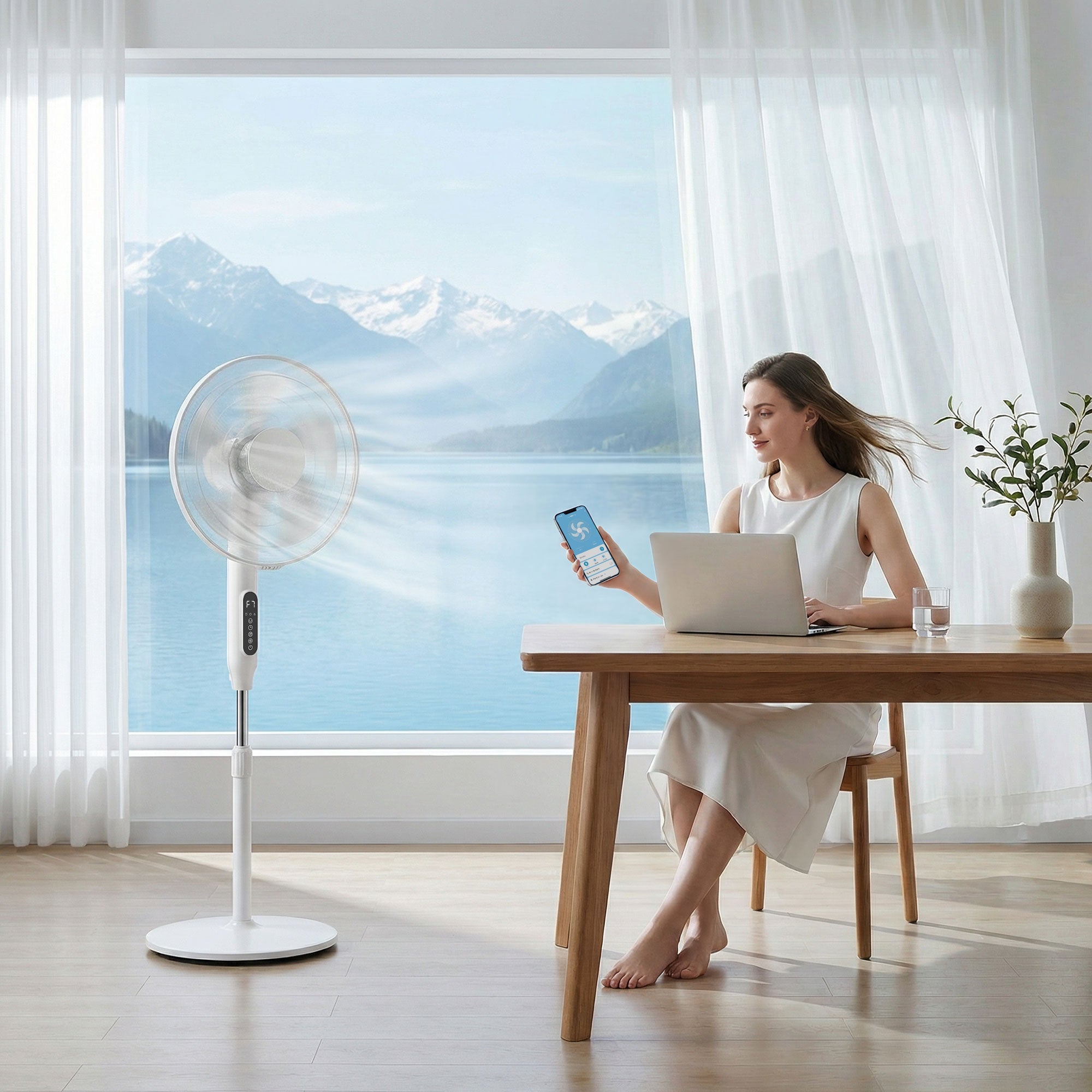 Ventilateur sur pied contrôlé par APP, ventilateur 45 cm avec télécommande, 3 vitesses, 3 modes, hauteur réglable 118-138 cm, minuterie 15 h, oscillant, pour chambre, salon, bureau, blanc