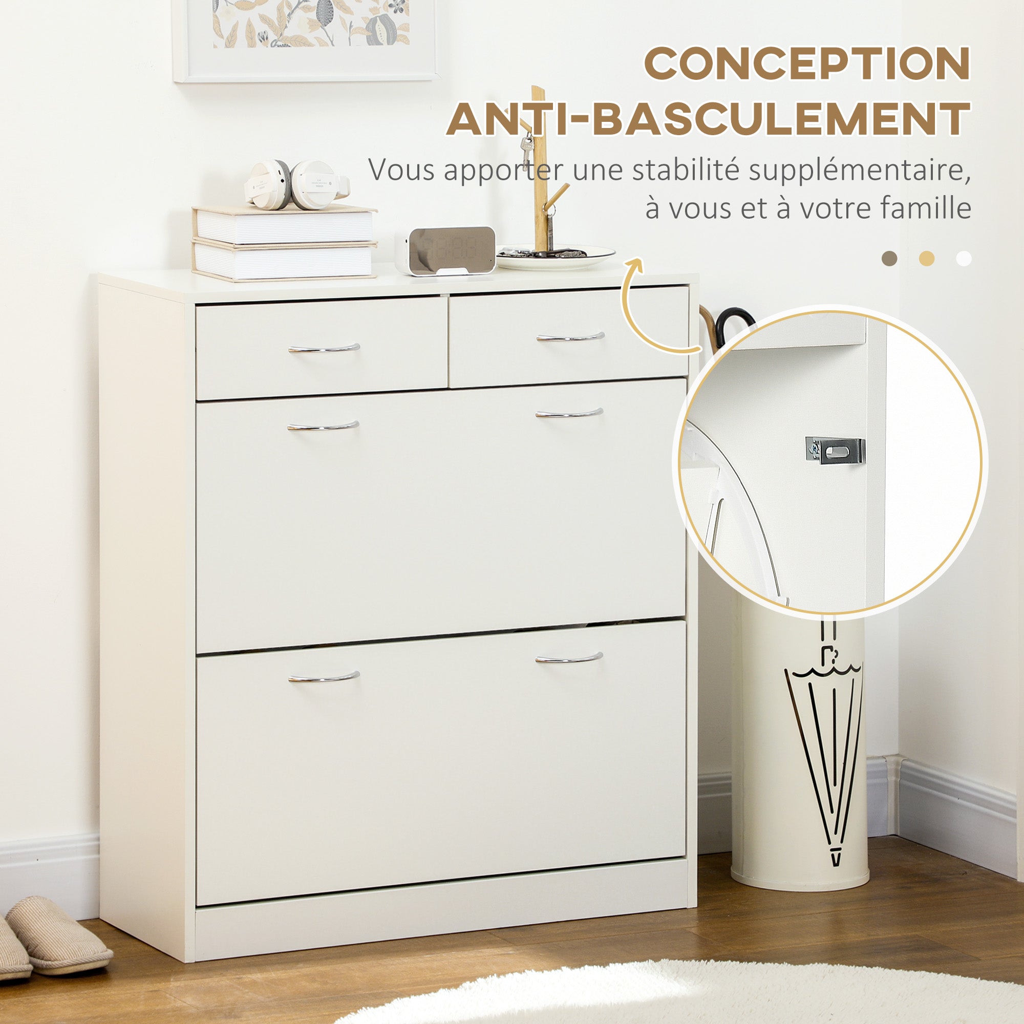 Meuble à chaussures armoire à chaussures - 2 tiroirs et 2 portes abattantes avec étagère réglable - 80 x 30 x 91,5 cm - poignées en aluminium, blanc