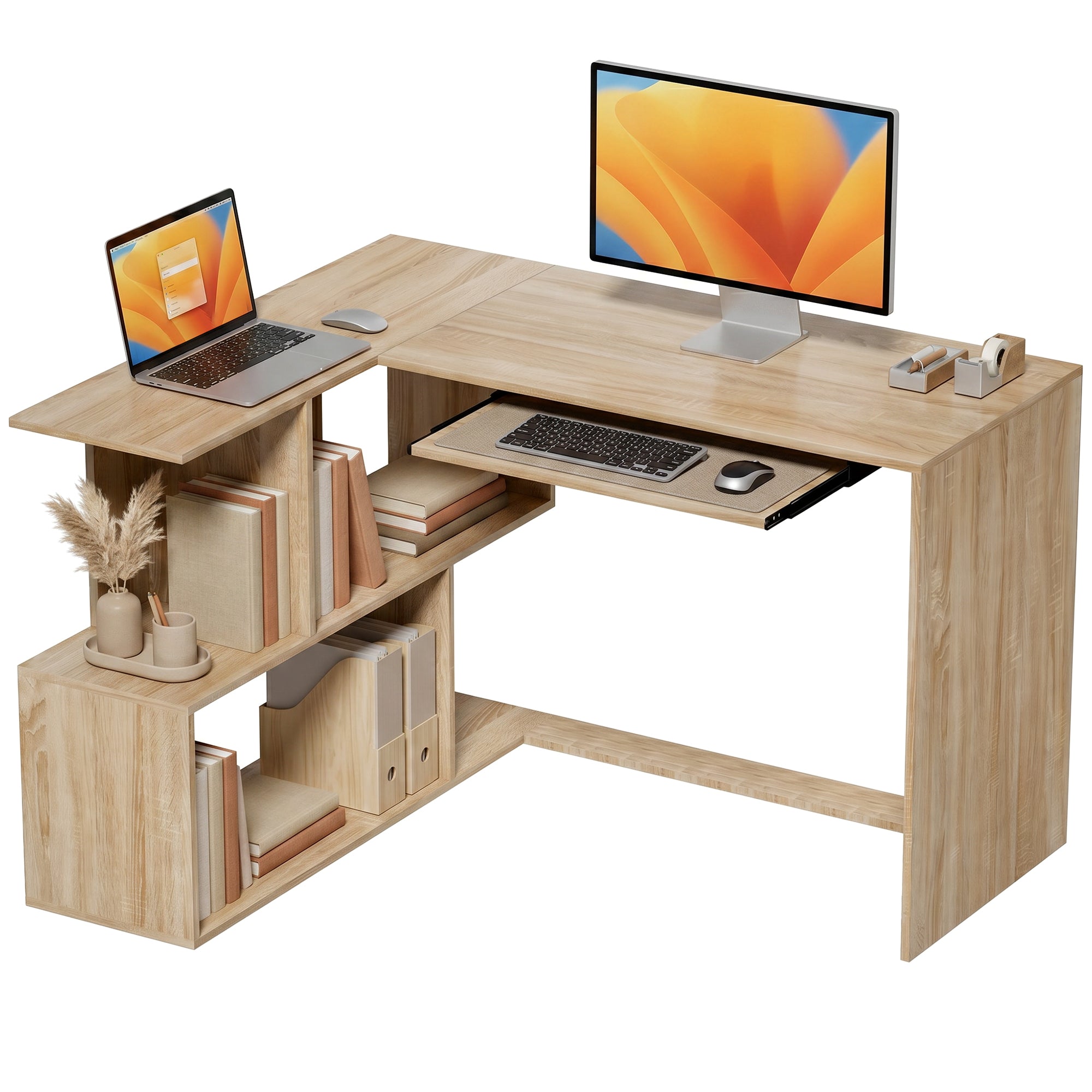 Bureau d'Angle, 120 x 100 x 76 cm, Bureau Informatique en L avec Plateau de Clavier, 4 Compartiments Ouverts, Style Moderne, Table de Travail pour Domicile, Chambre, Petit Espace, Bois Naturel