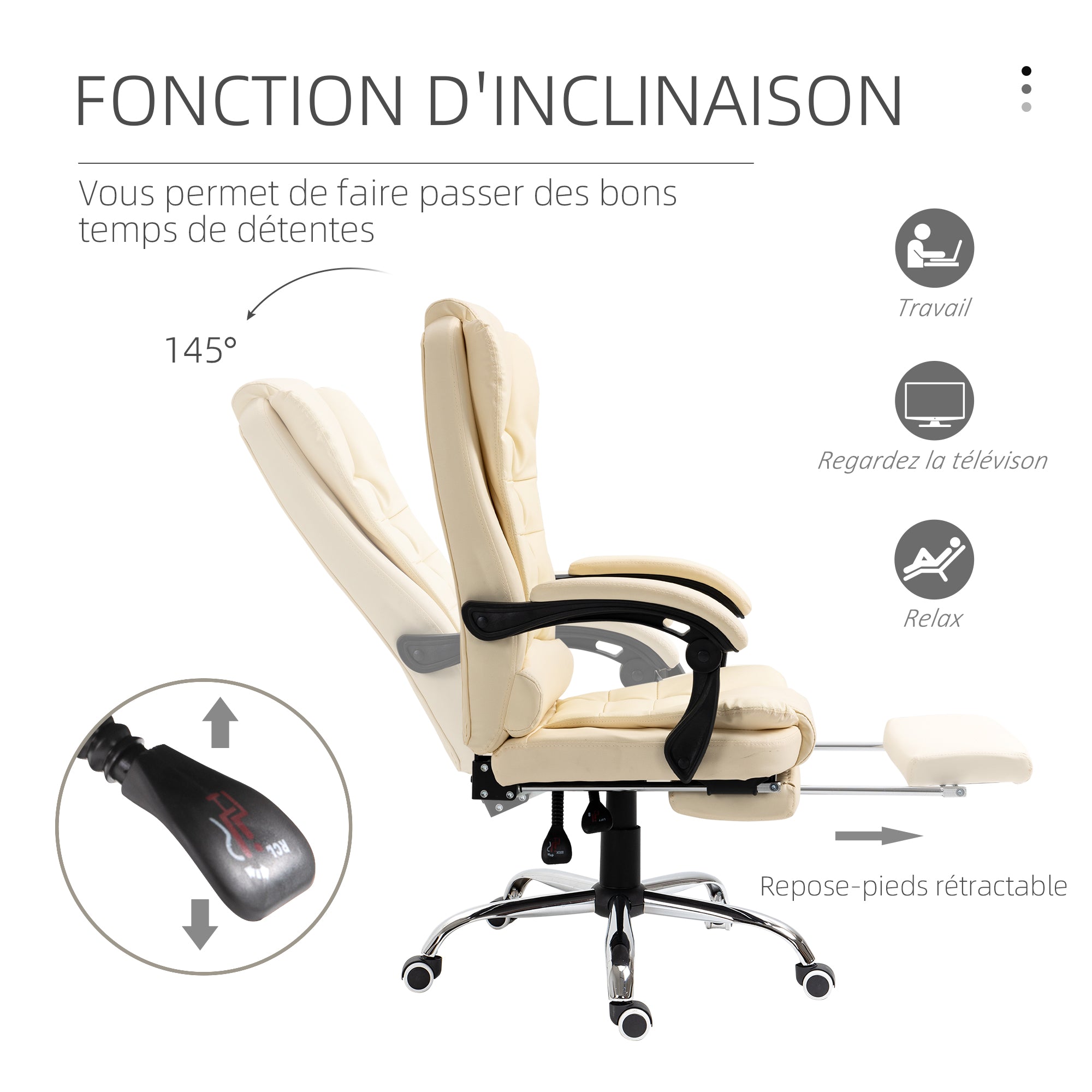 Fauteuil de bureau fauteuil manager grand confort dossier inclinable roulettes PU 64,5 x 69 x 117 cm crème