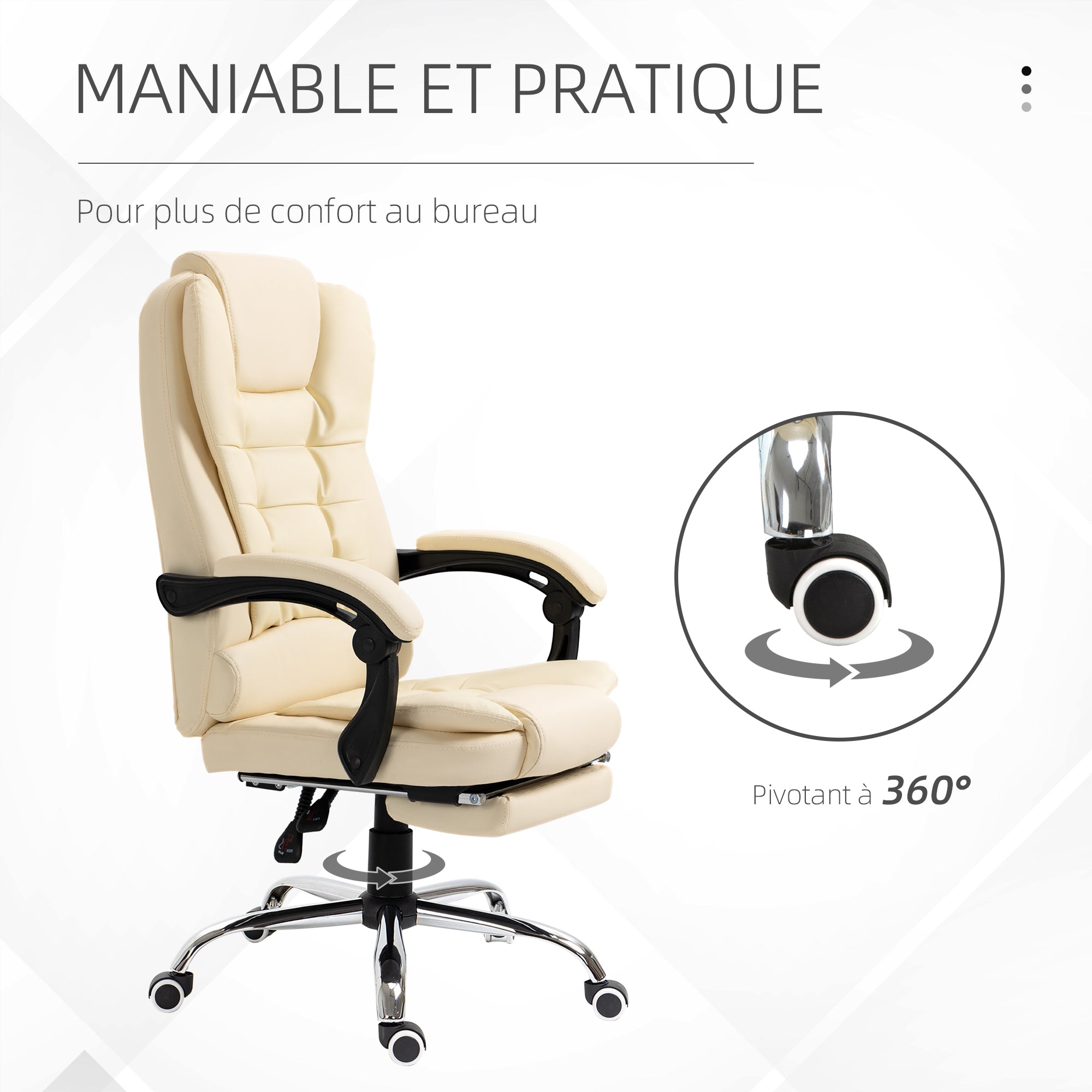 Fauteuil de bureau fauteuil manager grand confort dossier inclinable roulettes PU 64,5 x 69 x 117 cm crème