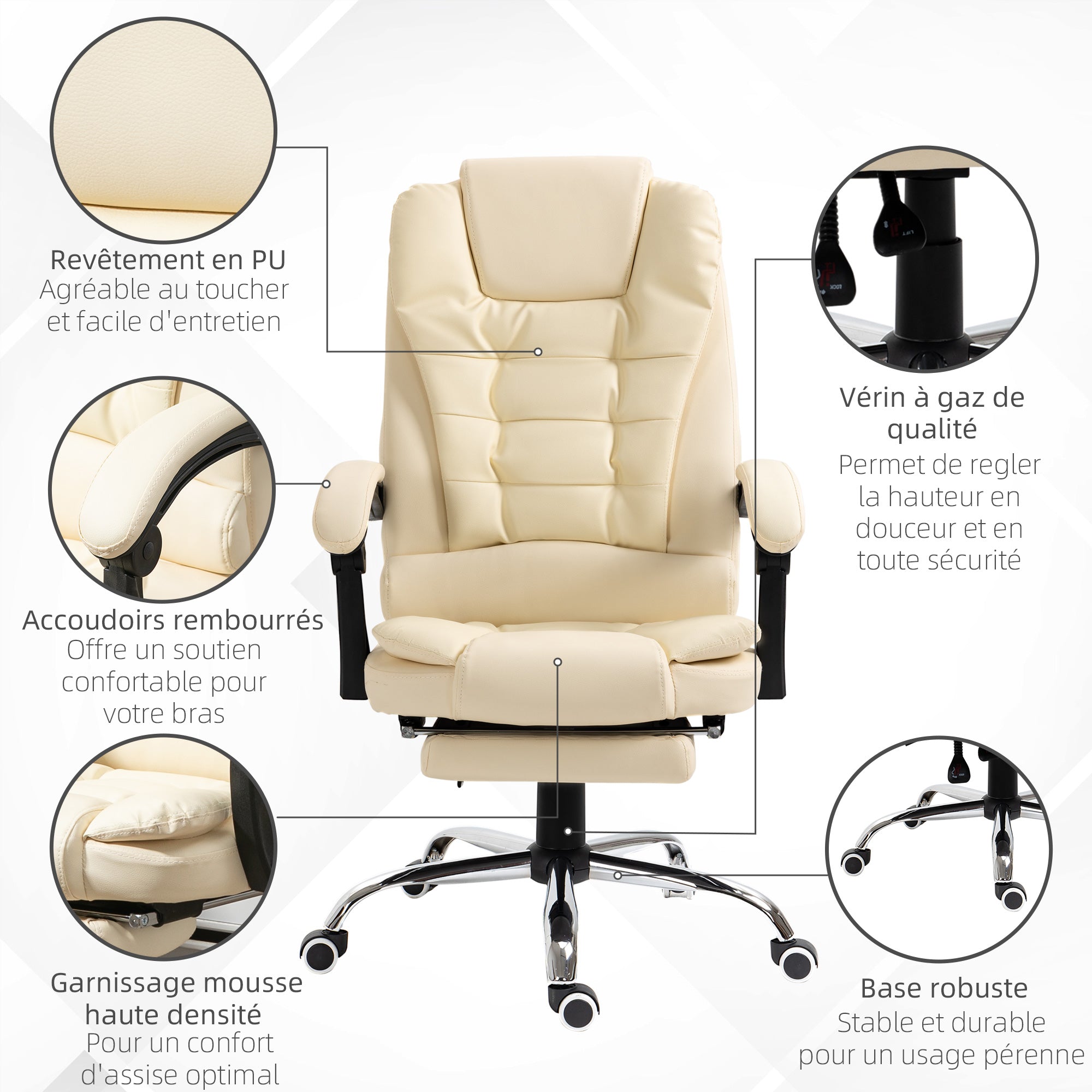 Fauteuil de bureau fauteuil manager grand confort dossier inclinable roulettes PU 64,5 x 69 x 117 cm crème