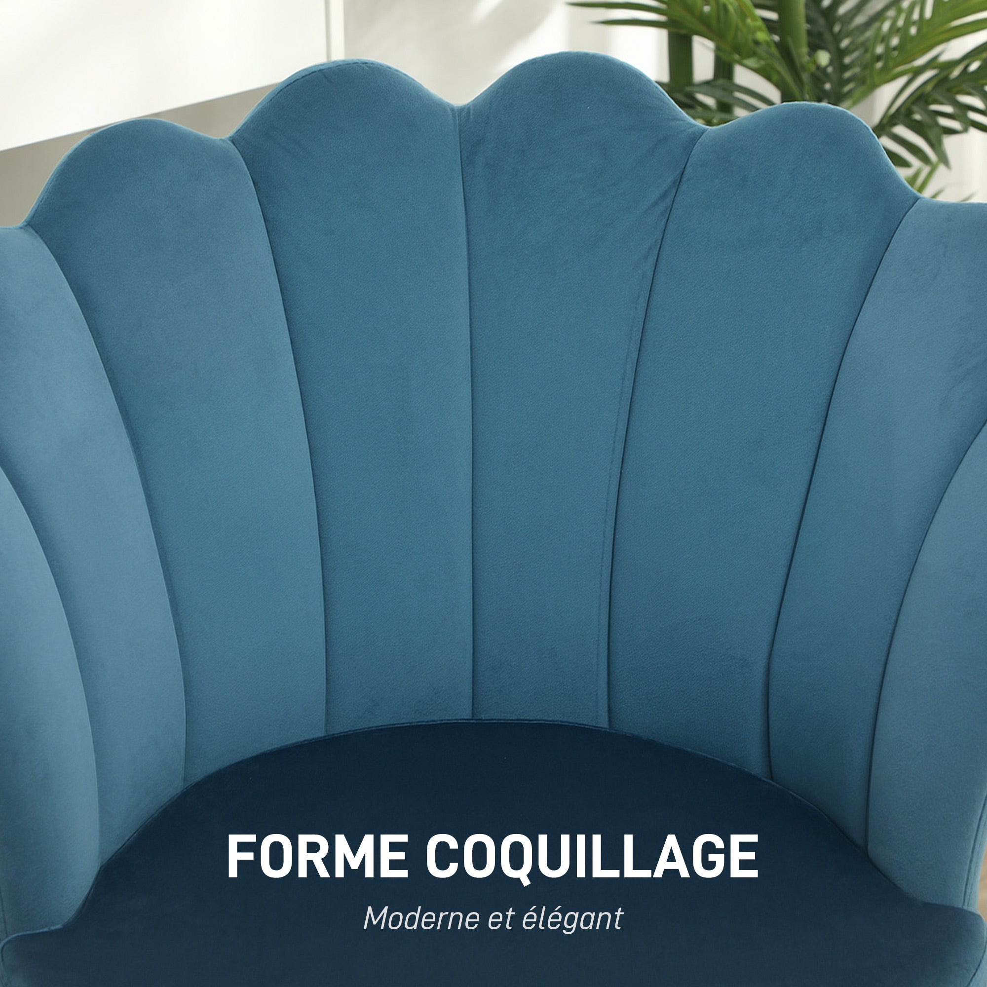 Fauteuil coquillage chaise coiffeuse fauteuil en velours avec pieds en métal doré pour salon chambre et salle à manger 67l x 64P x 77H cm bleu