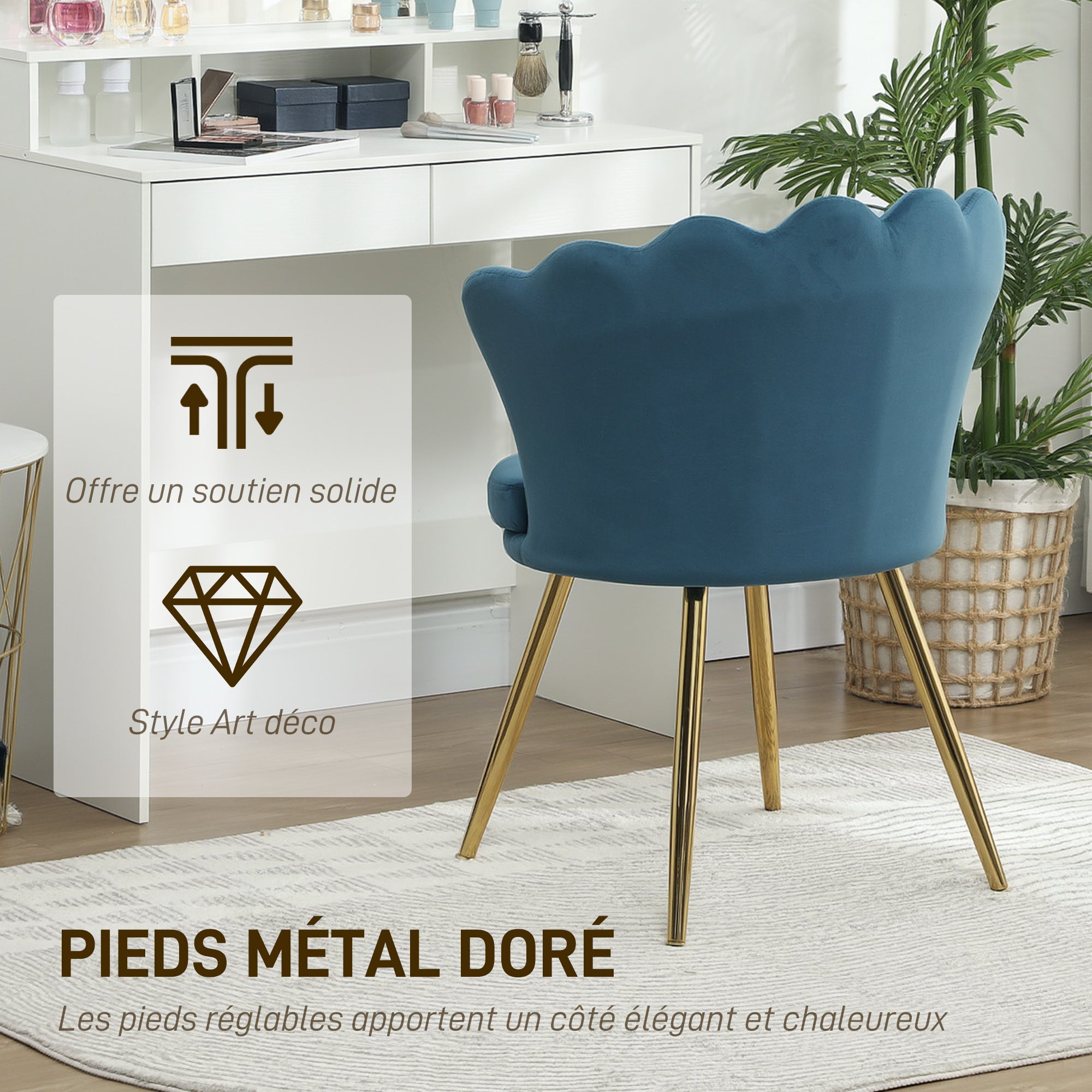 Fauteuil coquillage chaise coiffeuse fauteuil en velours avec pieds en métal doré pour salon chambre et salle à manger 67l x 64P x 77H cm bleu