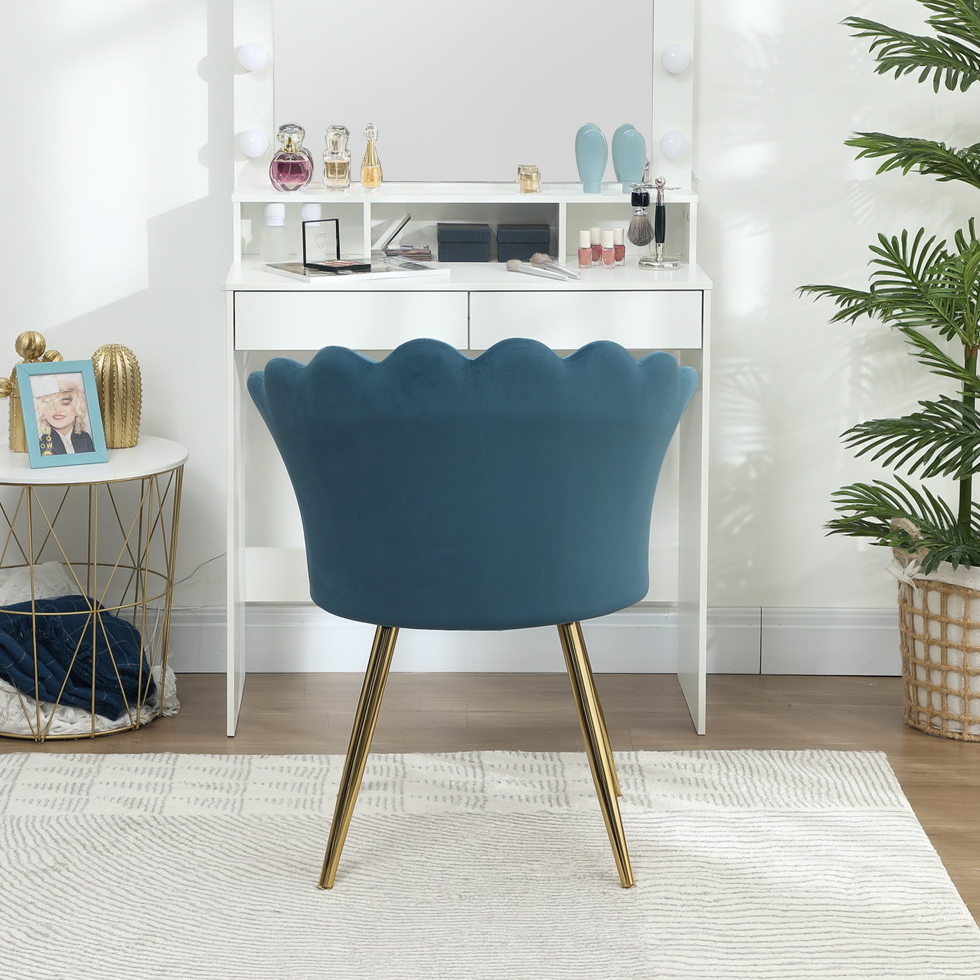 Fauteuil coquillage chaise coiffeuse fauteuil en velours avec pieds en métal doré pour salon chambre et salle à manger 67l x 64P x 77H cm bleu