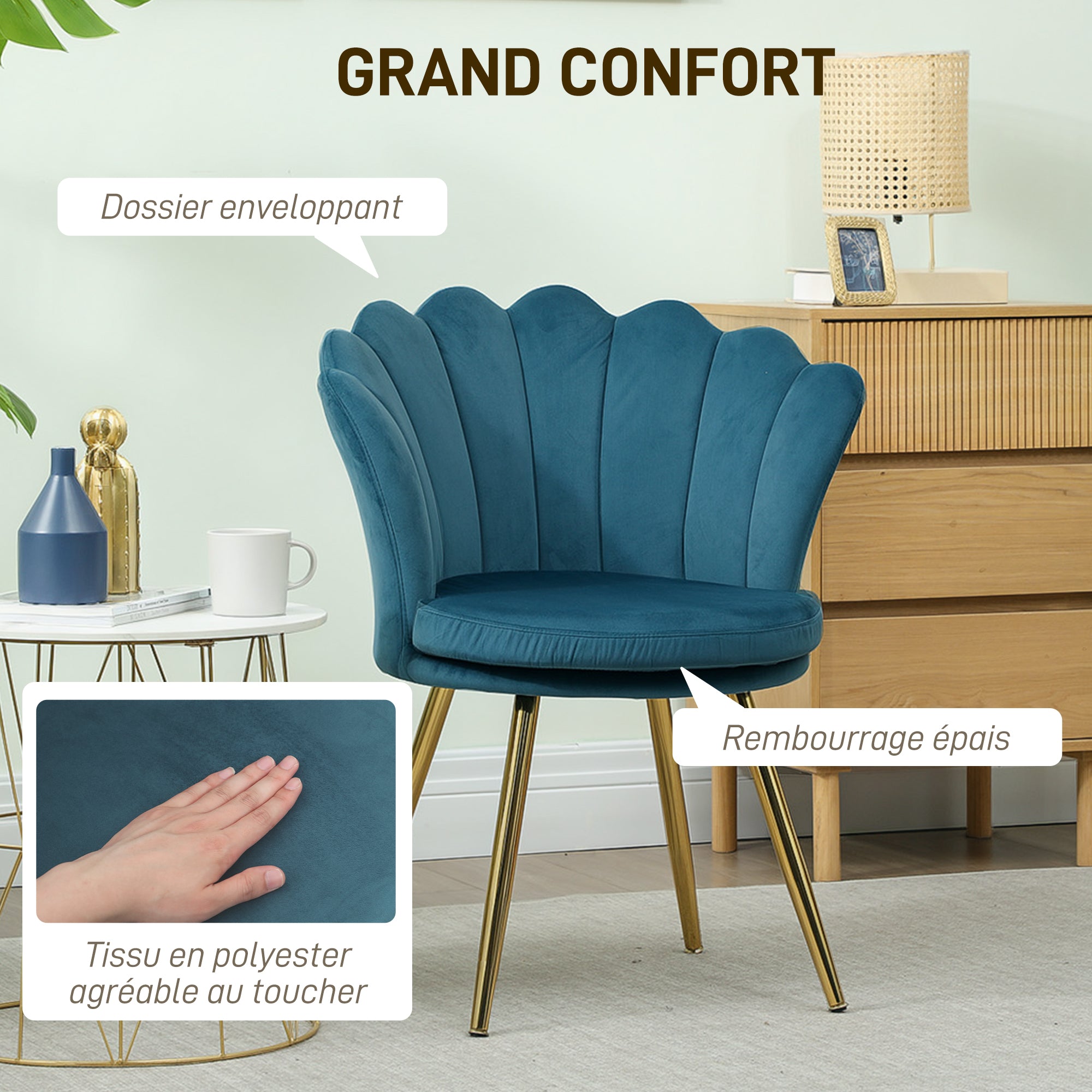 Fauteuil coquillage chaise coiffeuse fauteuil en velours avec pieds en métal doré pour salon chambre et salle à manger 67l x 64P x 77H cm bleu