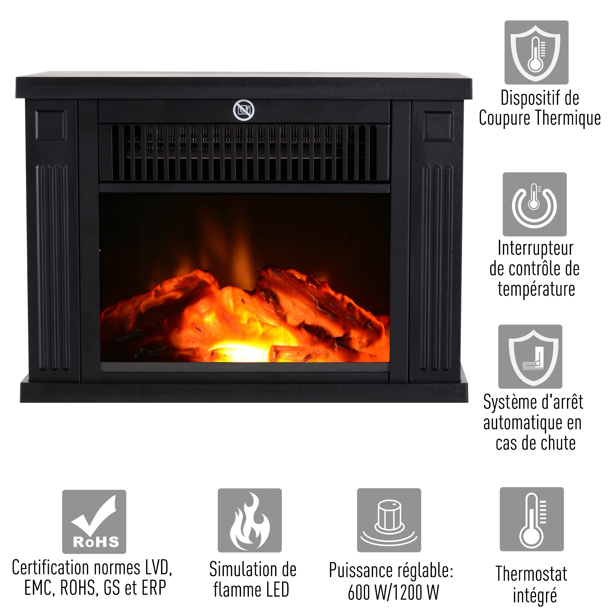 Cheminée électrique à Effet de Flamme poêle Style Contemporain Thermostat 600-1200 W Noir