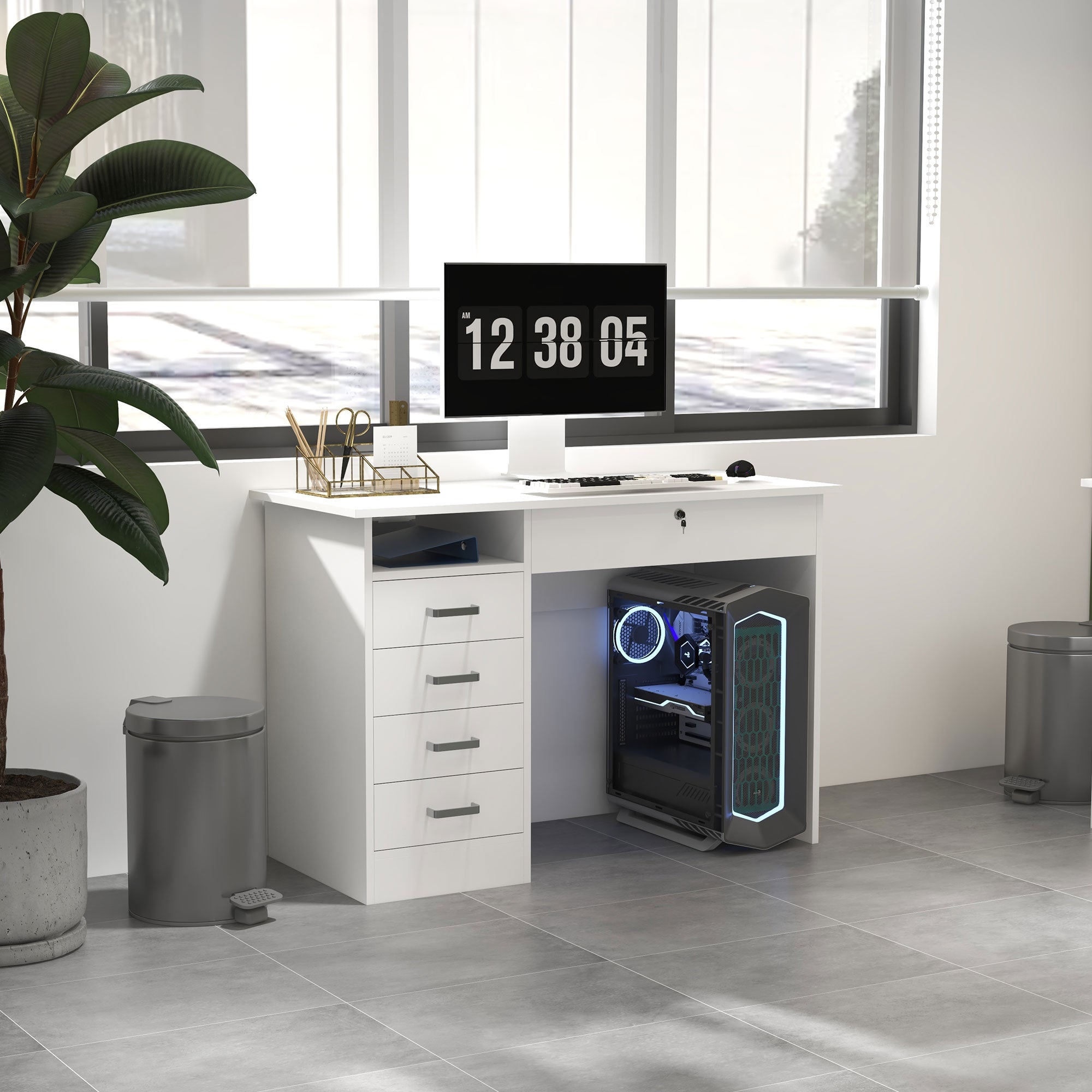 Bureau informatique table d'ordinateur moderne avec 5 tiroirs, grand plateau, 1 compartiment ouvert, tiroir verrouillable, 110 x 50 x 76 cm, blanc
