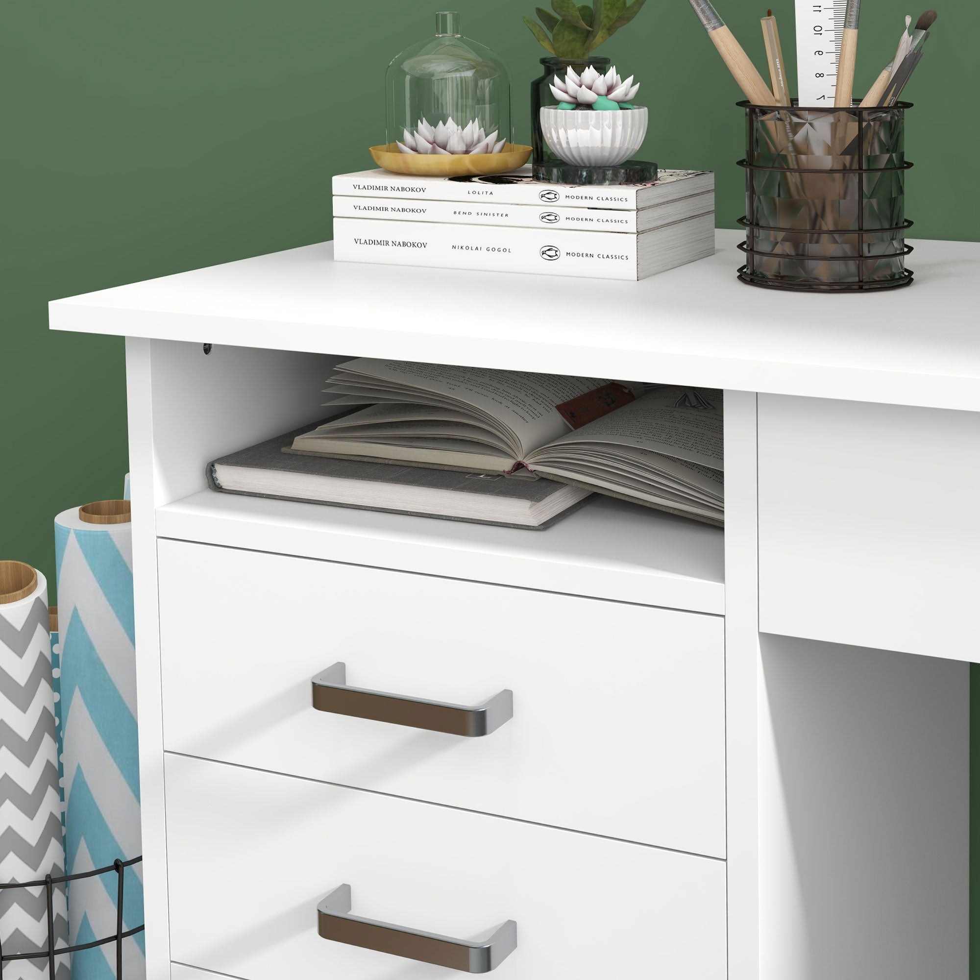 Bureau informatique table d'ordinateur moderne avec 5 tiroirs, grand plateau, 1 compartiment ouvert, tiroir verrouillable, 110 x 50 x 76 cm, blanc