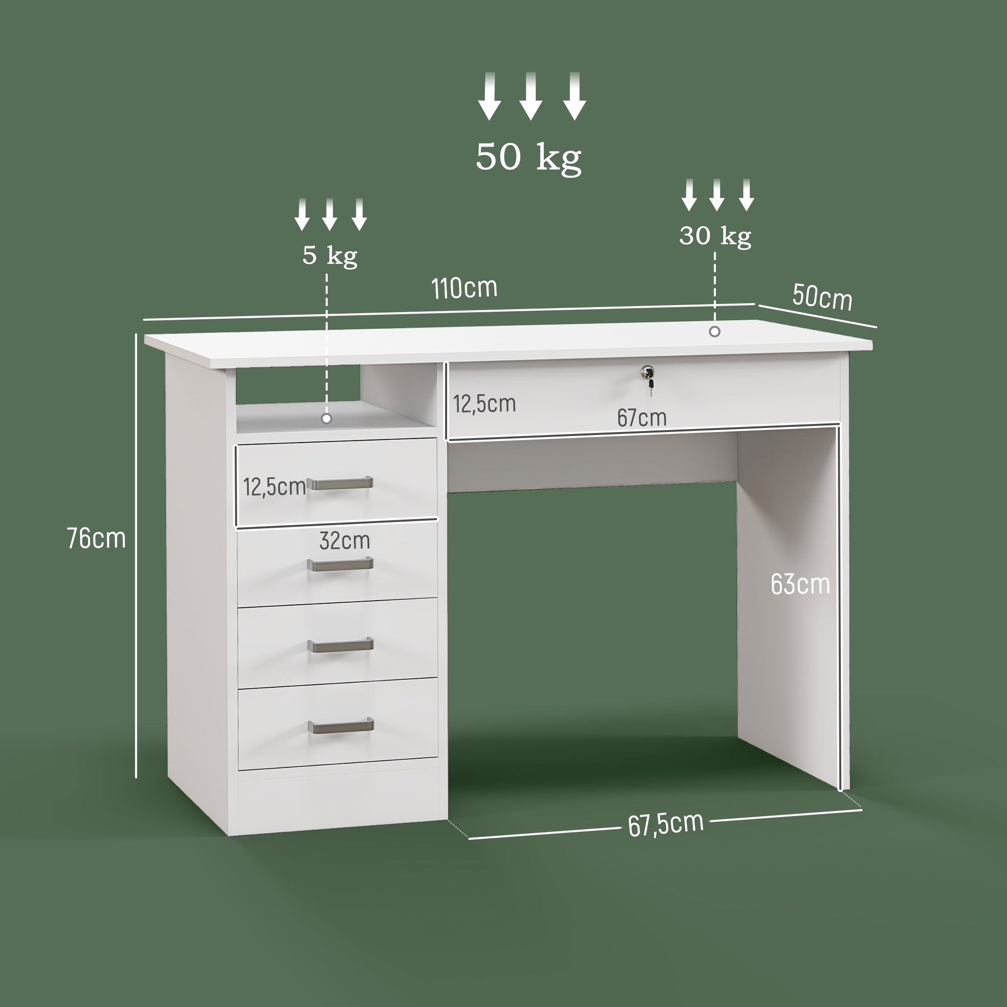Bureau informatique table d'ordinateur moderne avec 5 tiroirs, grand plateau, 1 compartiment ouvert, tiroir verrouillable, 110 x 50 x 76 cm, blanc