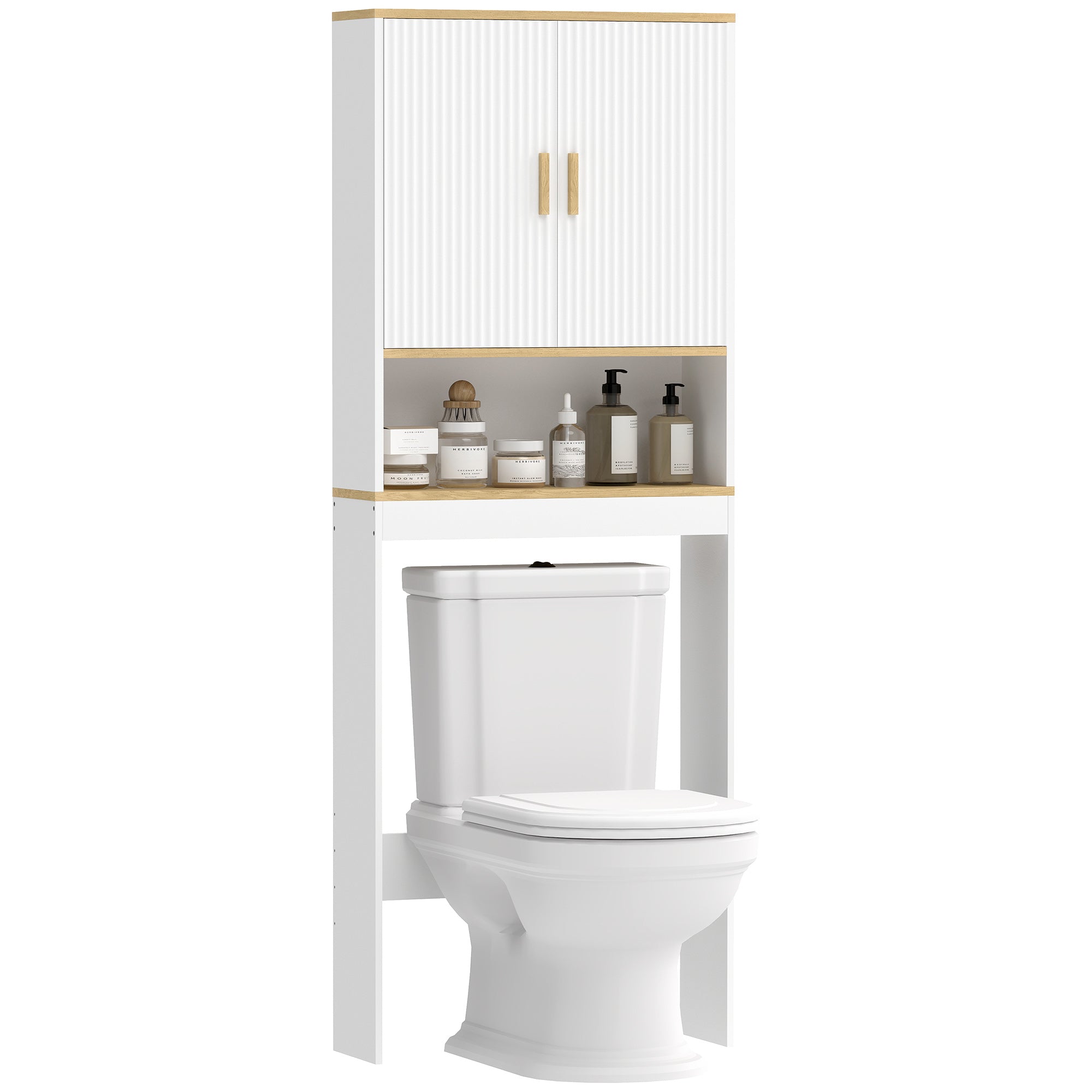Meuble WC rangement au-dessus des toilettes à 3 niveaux, étagère de toilettes avec étagères réglables, meuble de salle de bain, 64 x 20 x 170,5 cm, blanc et chêne