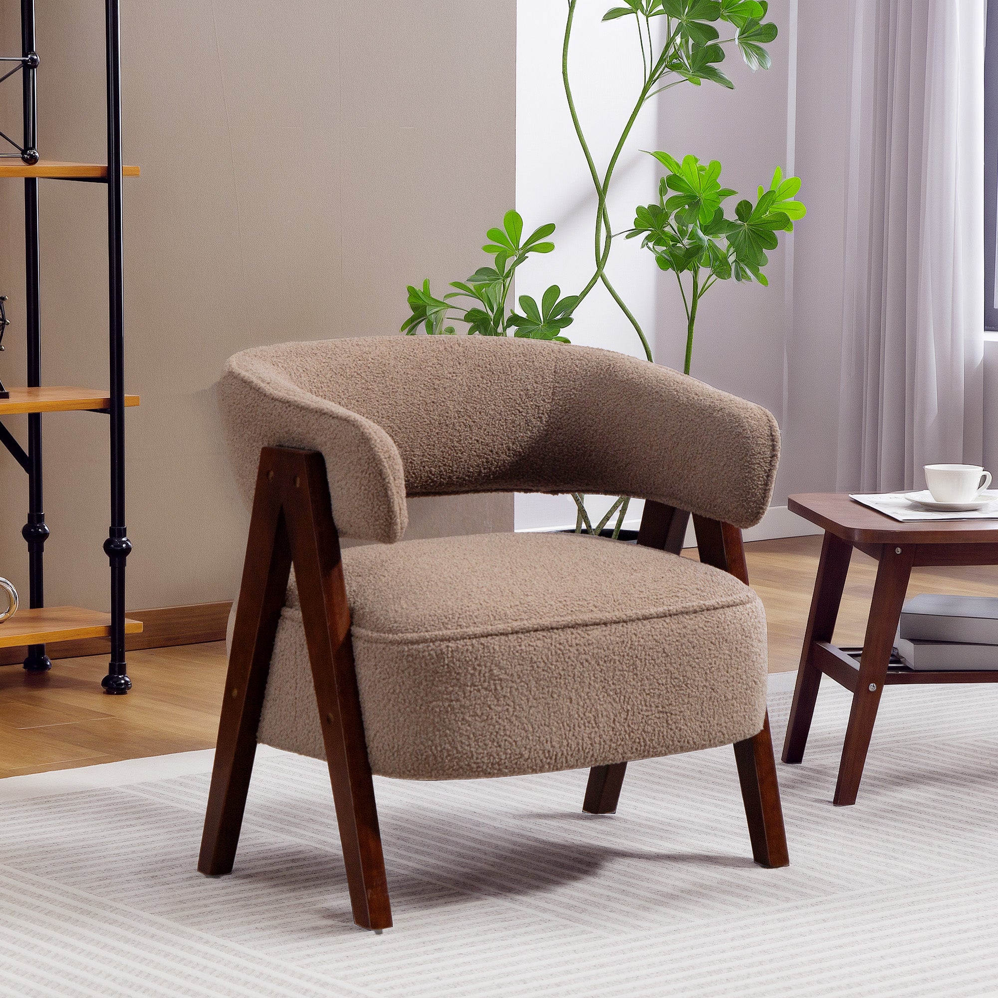 Fauteuil de salon en tissu bouclette, chaise rembourrée, assise large, dossier ergonomique, accoudoirs, pieds en bois massif et structure en acier, fauteuil de chambre, salon, bureau, marron