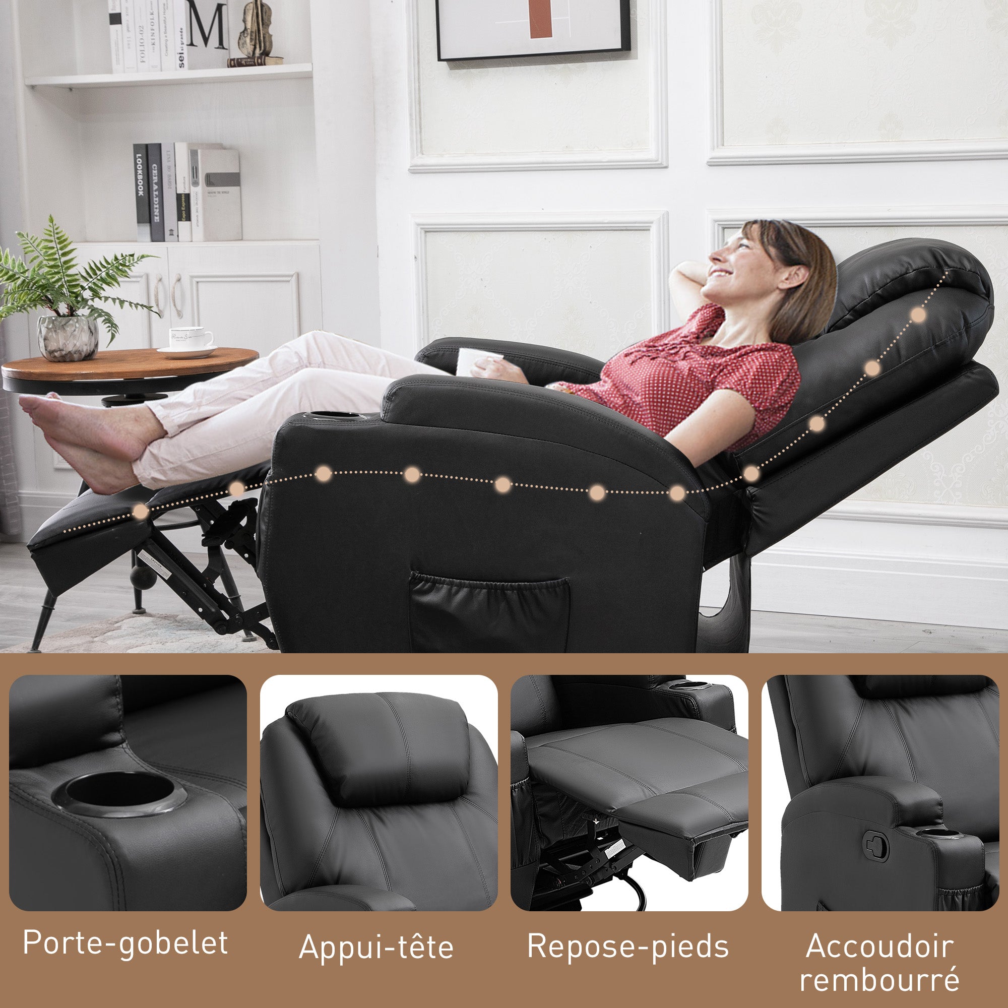 Fauteuil de massage inclinable, fauteuil de relaxation, dossier et repose-pieds réglable manuellement, fonction bascule, télécommande, pivotant à 360°, porte-gobelets et poches latérales, noir