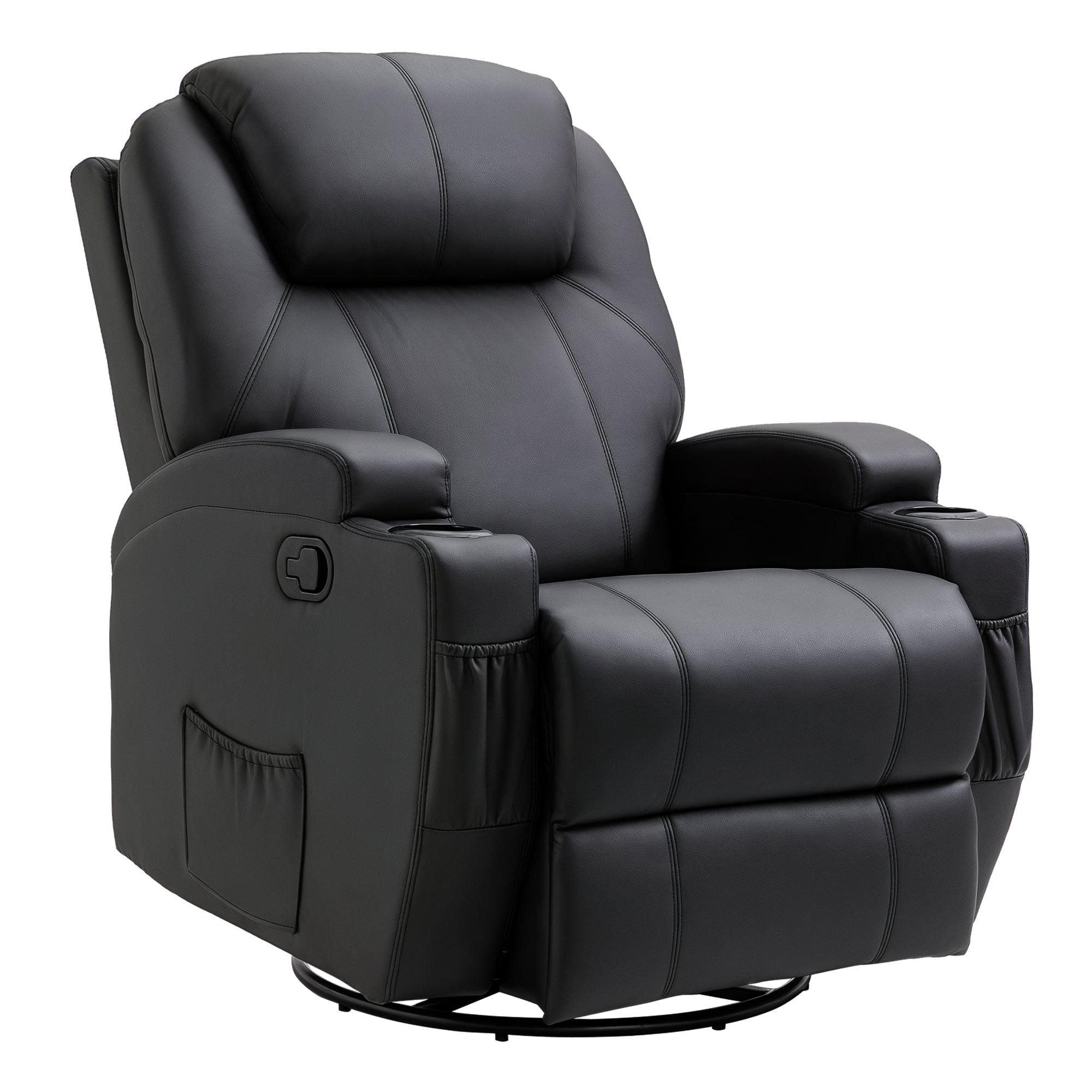 Fauteuil de massage inclinable, fauteuil de relaxation, dossier et repose-pieds réglable manuellement, fonction bascule, télécommande, pivotant à 360°, porte-gobelets et poches latérales, noir