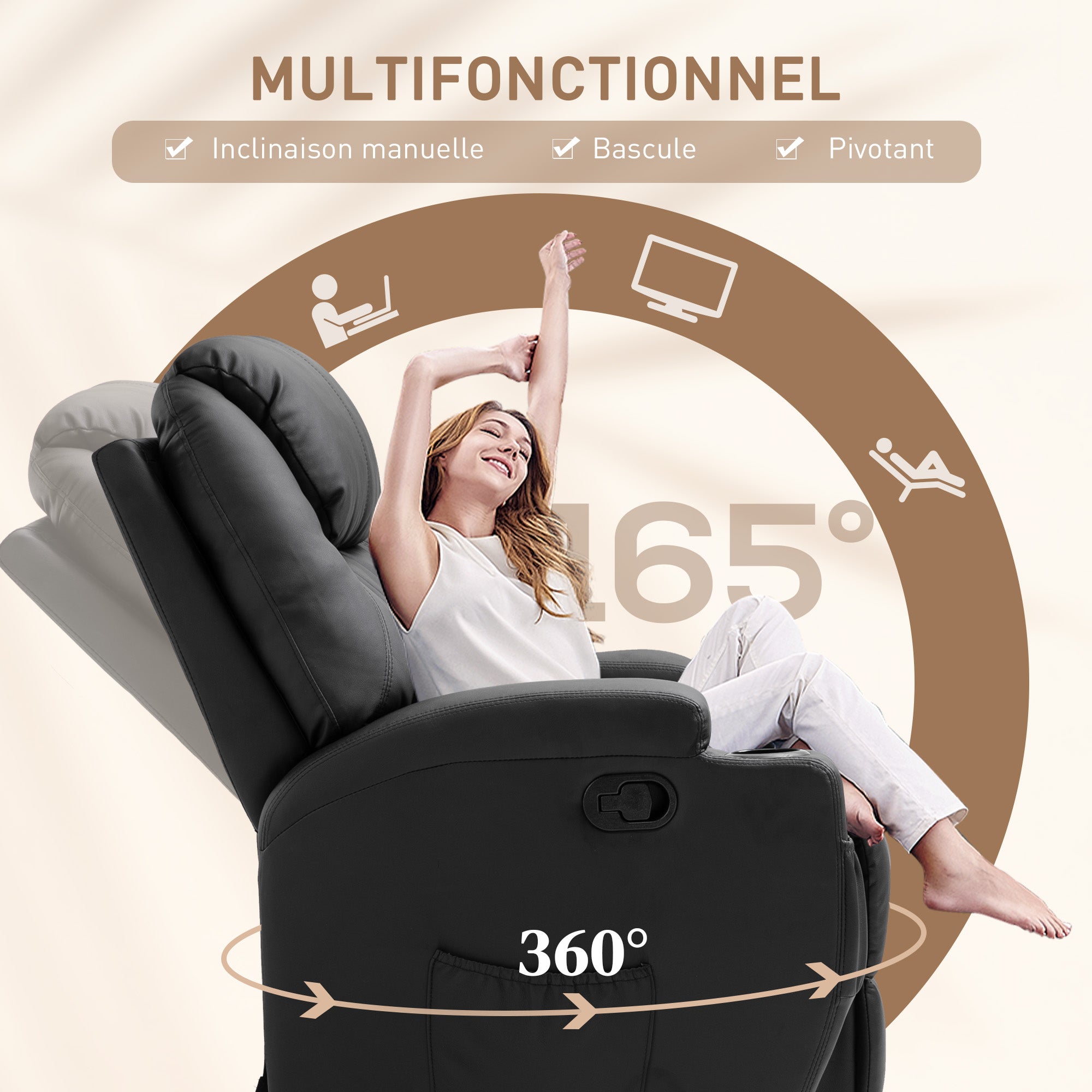 Fauteuil de massage inclinable, fauteuil de relaxation, dossier et repose-pieds réglable manuellement, fonction bascule, télécommande, pivotant à 360°, porte-gobelets et poches latérales, noir