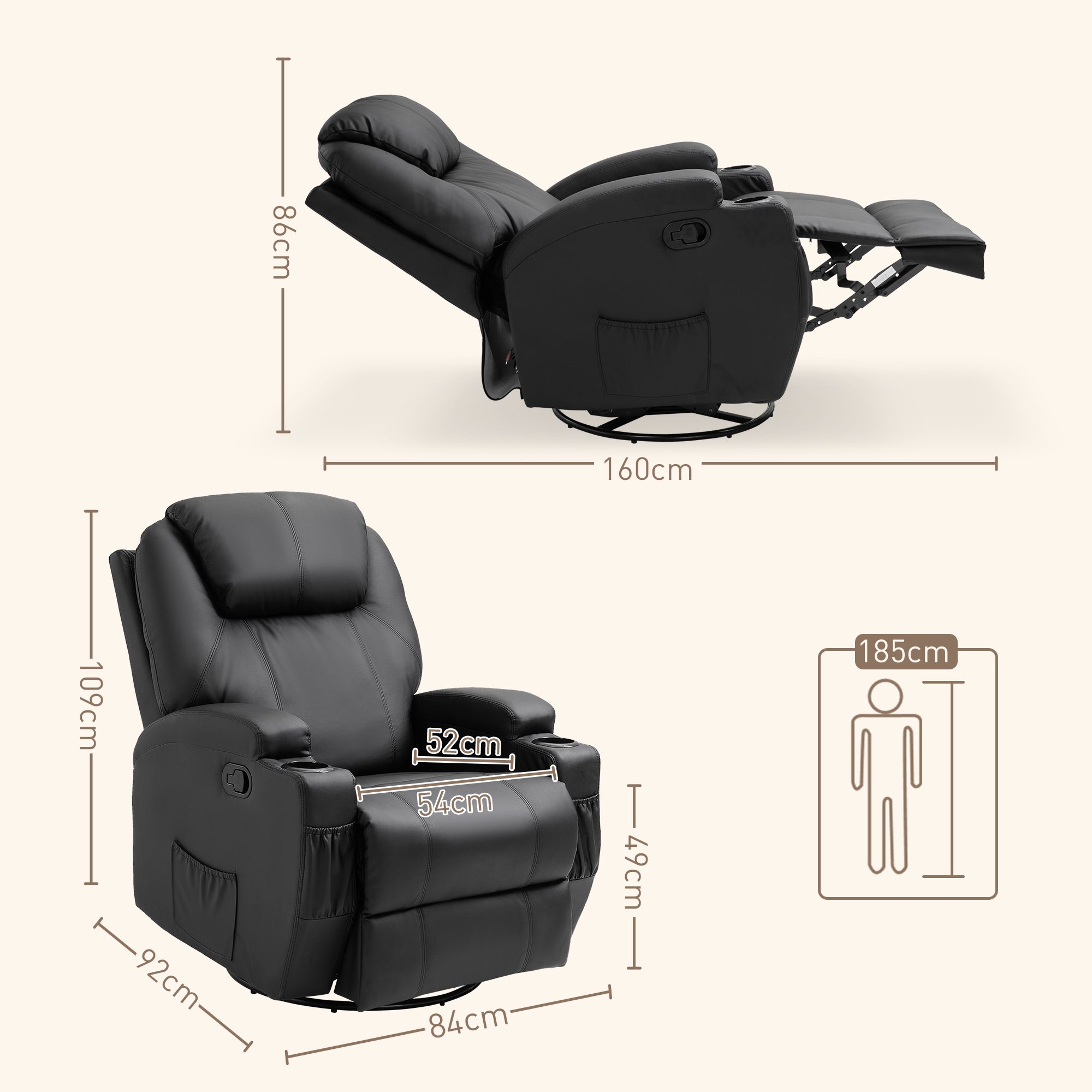 Fauteuil de massage inclinable, fauteuil de relaxation, dossier et repose-pieds réglable manuellement, fonction bascule, télécommande, pivotant à 360°, porte-gobelets et poches latérales, noir