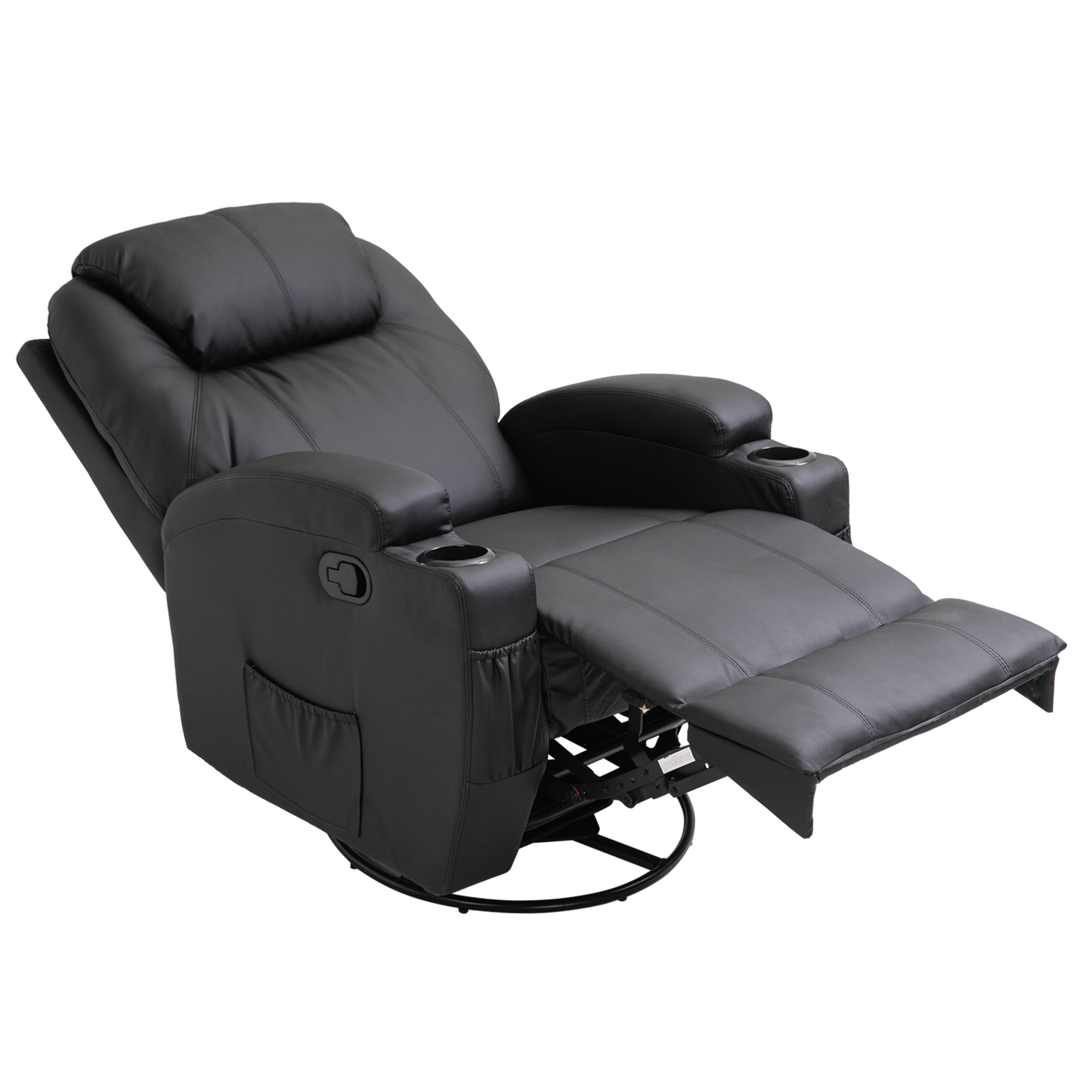 Fauteuil de massage inclinable, fauteuil de relaxation, dossier et repose-pieds réglable manuellement, fonction bascule, télécommande, pivotant à 360°, porte-gobelets et poches latérales, noir