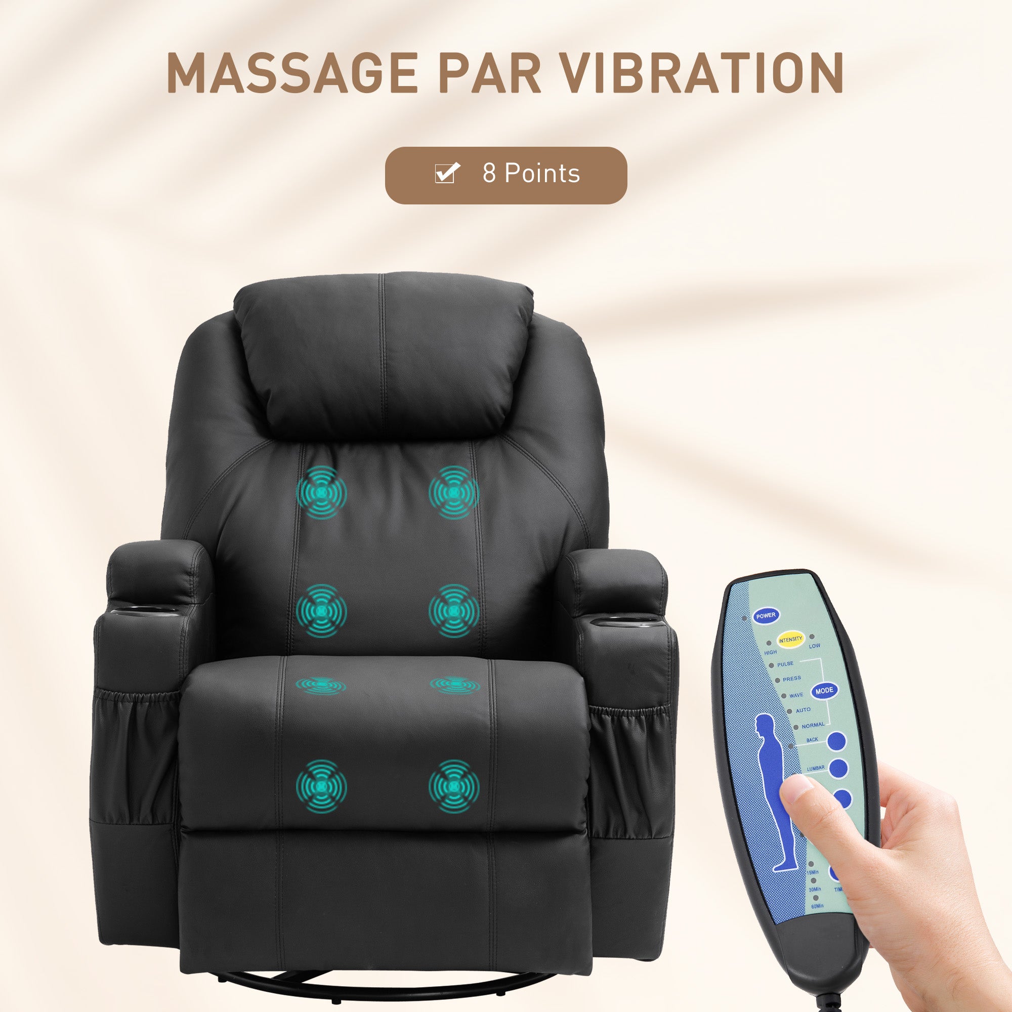 Fauteuil de massage inclinable, fauteuil de relaxation, dossier et repose-pieds réglable manuellement, fonction bascule, télécommande, pivotant à 360°, porte-gobelets et poches latérales, noir