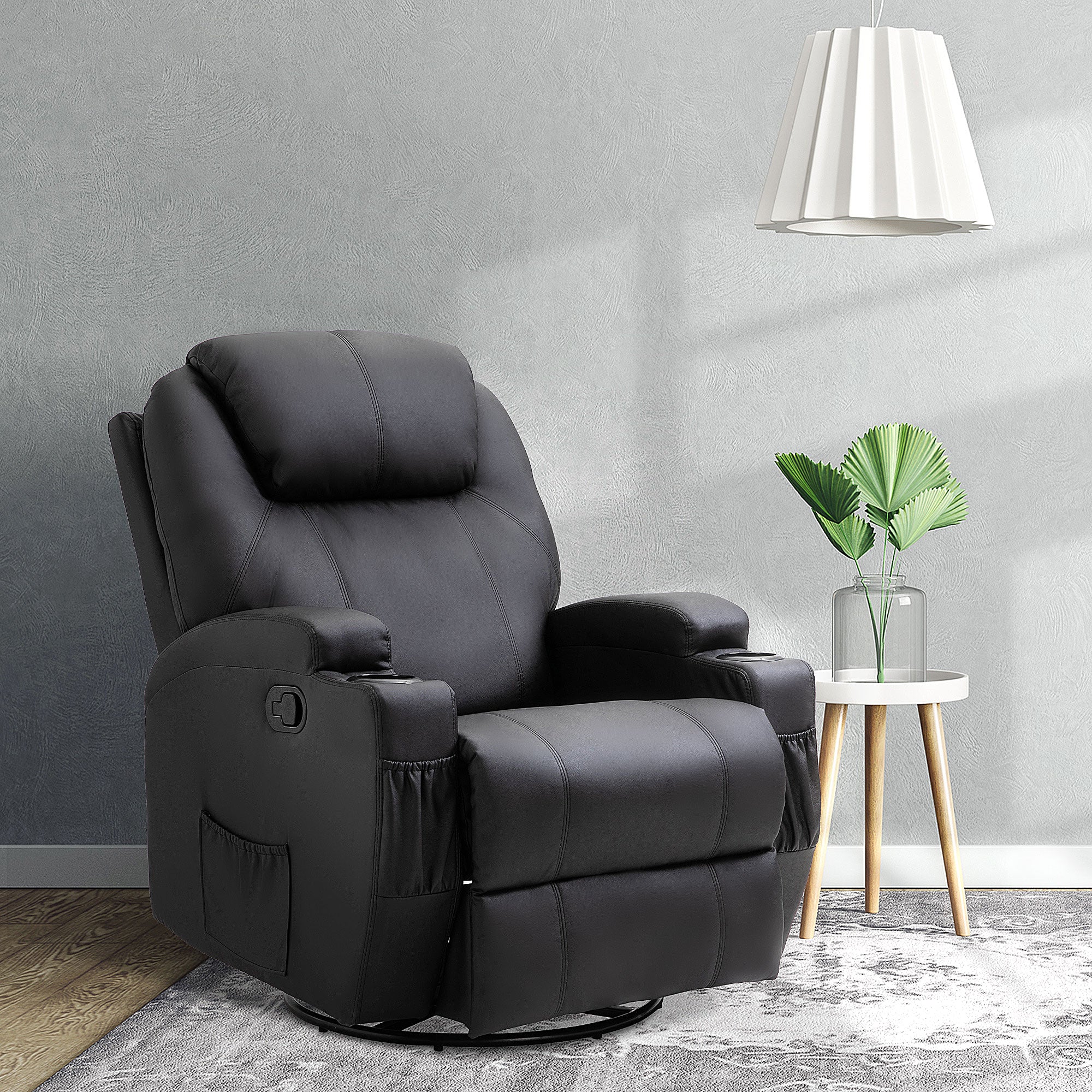 Fauteuil de massage inclinable, fauteuil de relaxation, dossier et repose-pieds réglable manuellement, fonction bascule, télécommande, pivotant à 360°, porte-gobelets et poches latérales, noir