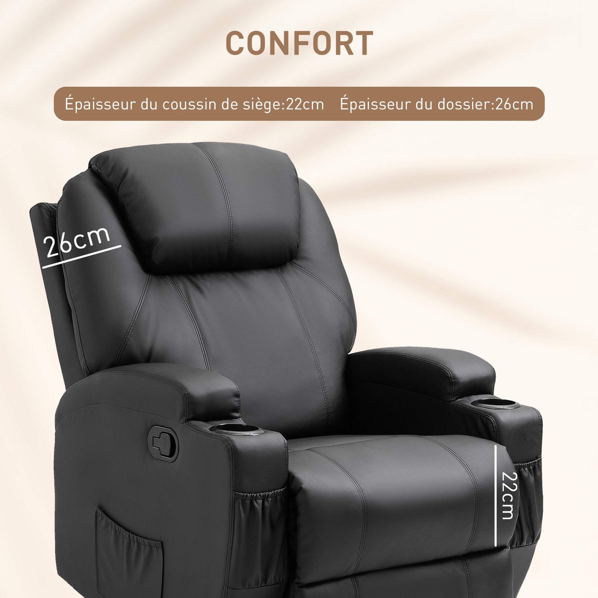 Fauteuil de massage inclinable, fauteuil de relaxation, dossier et repose-pieds réglable manuellement, fonction bascule, télécommande, pivotant à 360°, porte-gobelets et poches latérales, noir