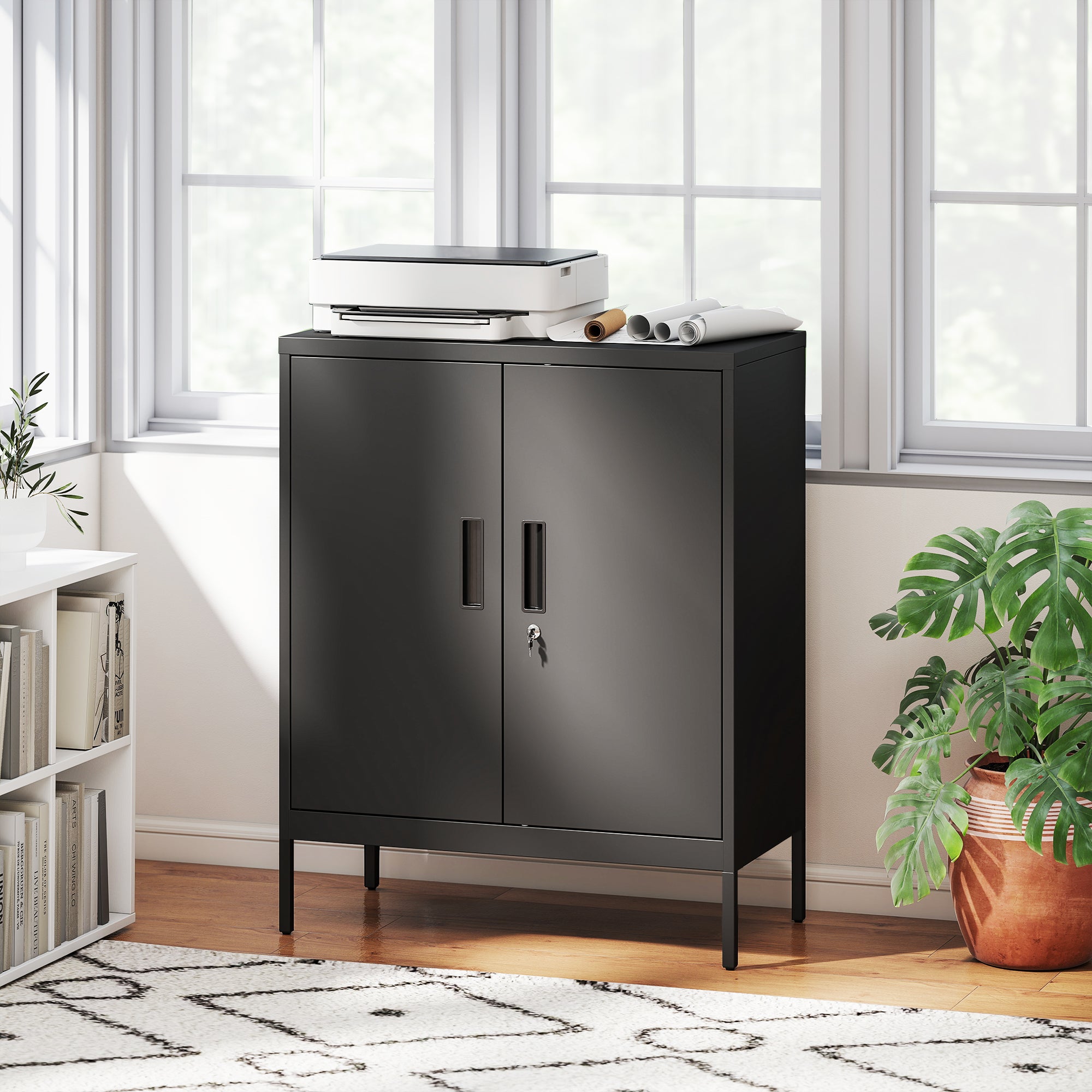 Armoire de Bureau Métallique, 80 x 40 x 100 cm, Meuble de Rangement en Acier avec Serrure, 2 Portes et 2 Étagères Réglables, Classeur Rangement Documents Industriel pour Bureau ou Garage, Noir