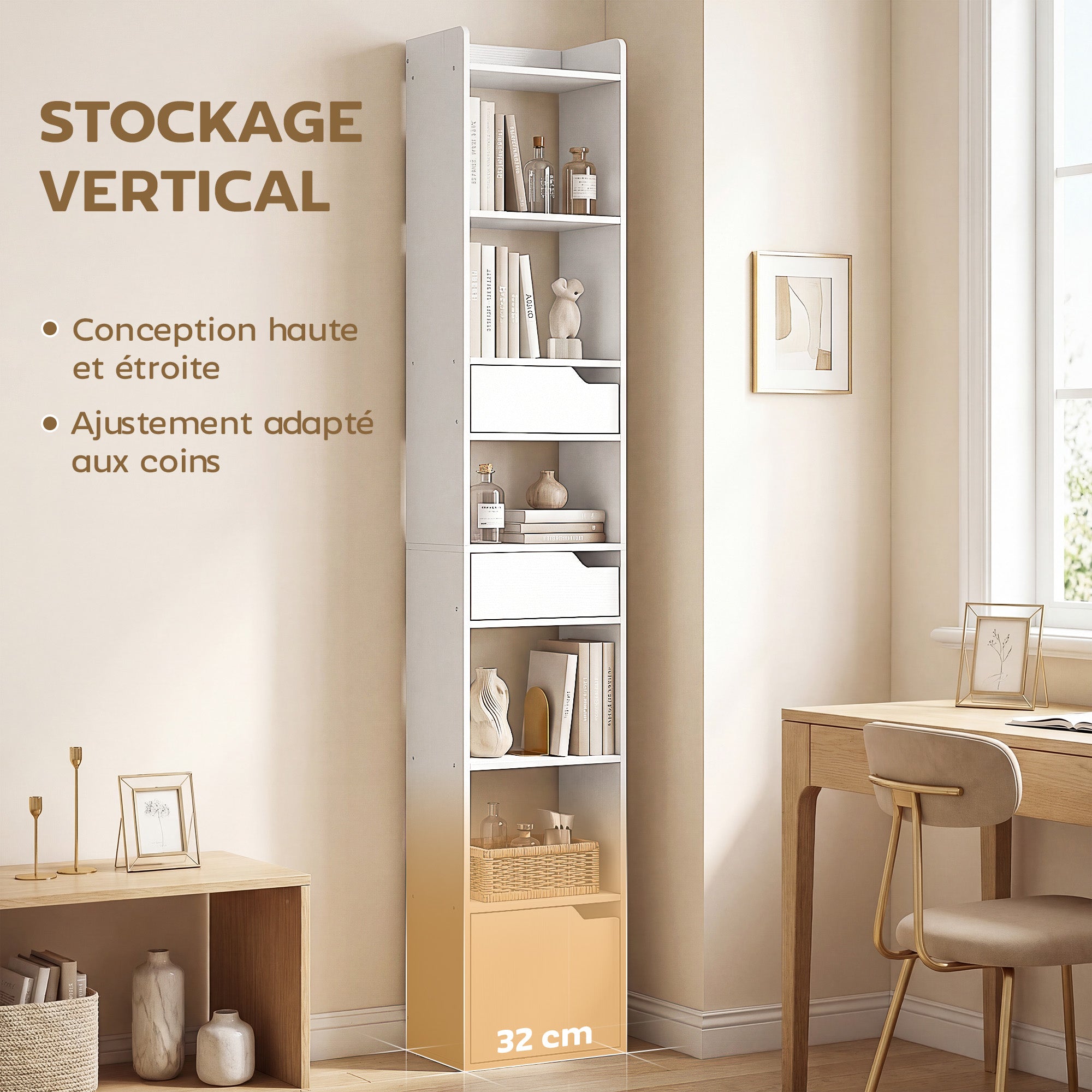 Bibliothèque étagère de rangement, étagère à livres étroite 32 x 24 x 181,5 cm avec porte, 2 tiroirs, compartiments ouverts, meuble de rangement pour salon, chambre, bureau, blanc