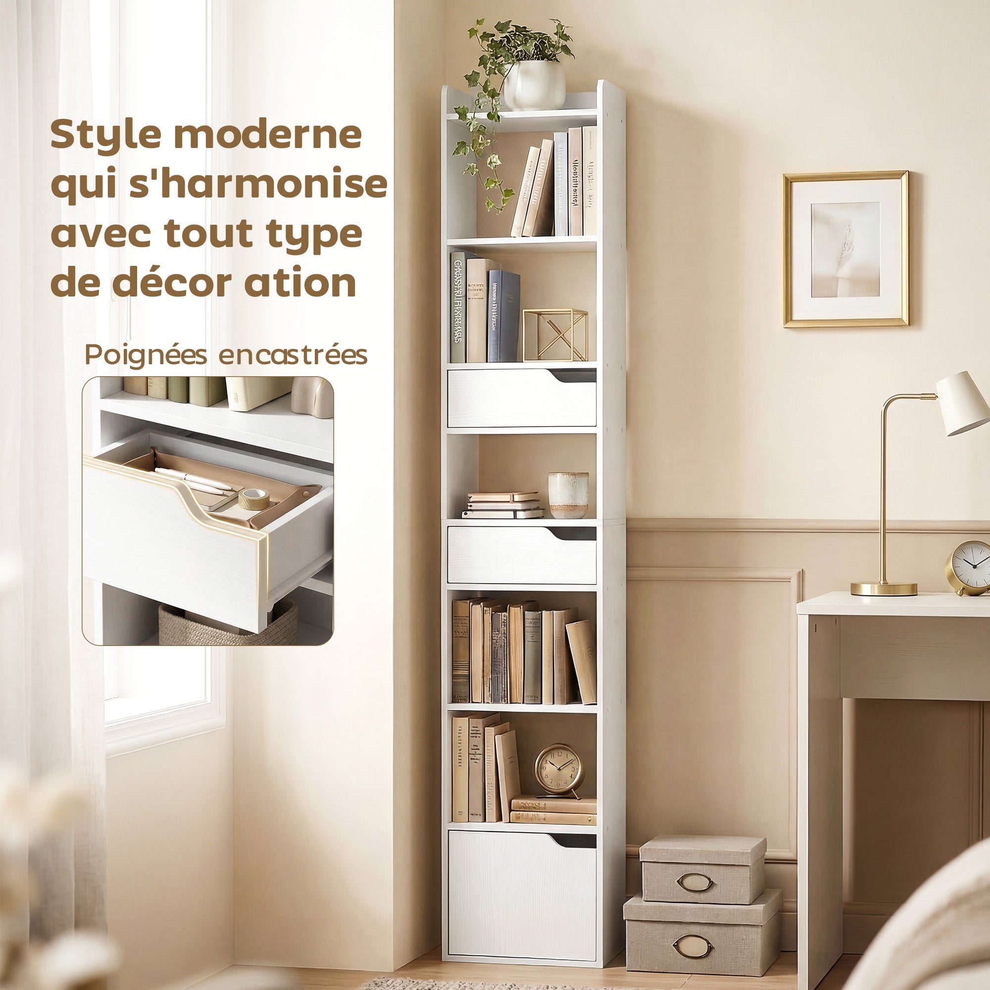 Bibliothèque étagère de rangement, étagère à livres étroite 32 x 24 x 181,5 cm avec porte, 2 tiroirs, compartiments ouverts, meuble de rangement pour salon, chambre, bureau, blanc