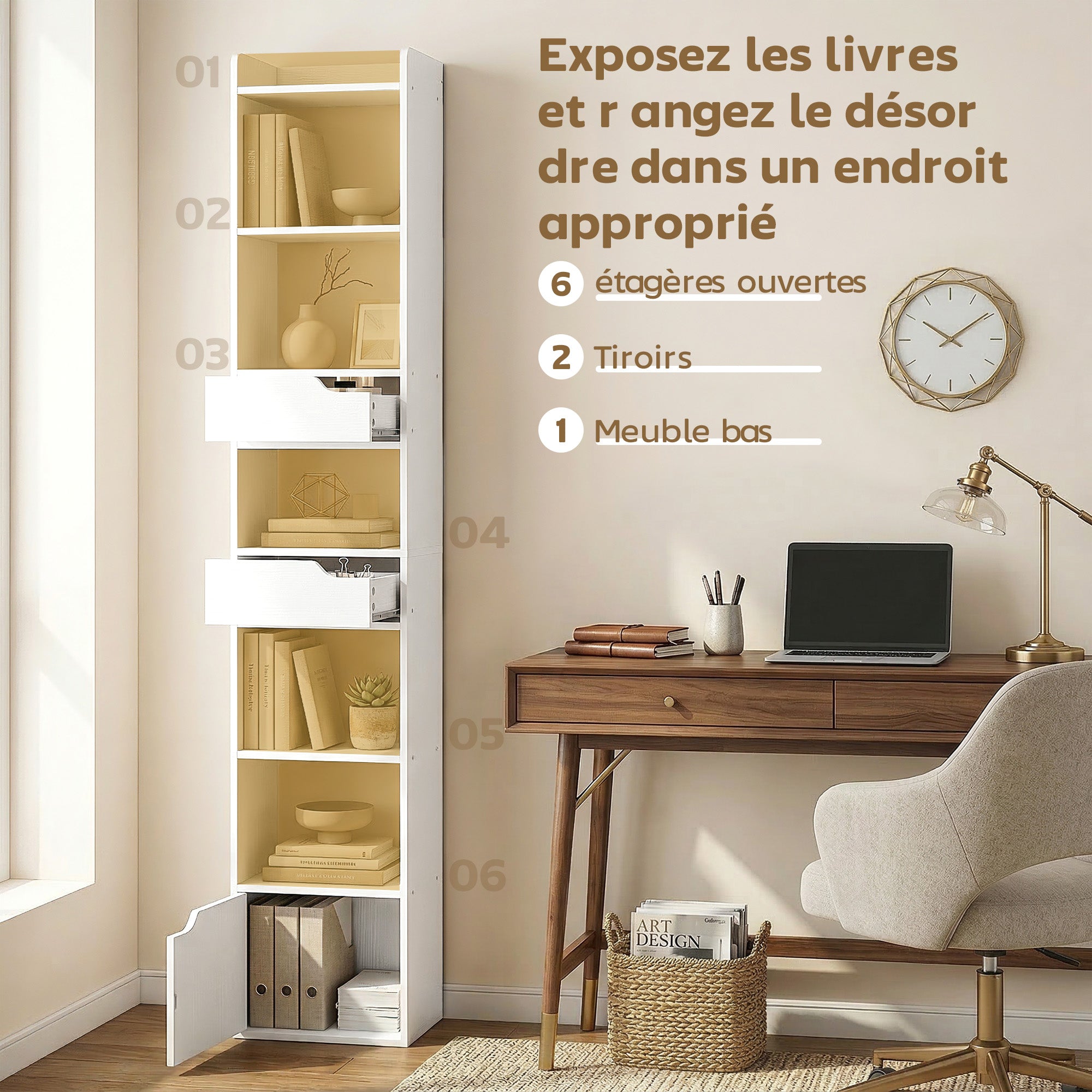 Bibliothèque étagère de rangement, étagère à livres étroite 32 x 24 x 181,5 cm avec porte, 2 tiroirs, compartiments ouverts, meuble de rangement pour salon, chambre, bureau, blanc