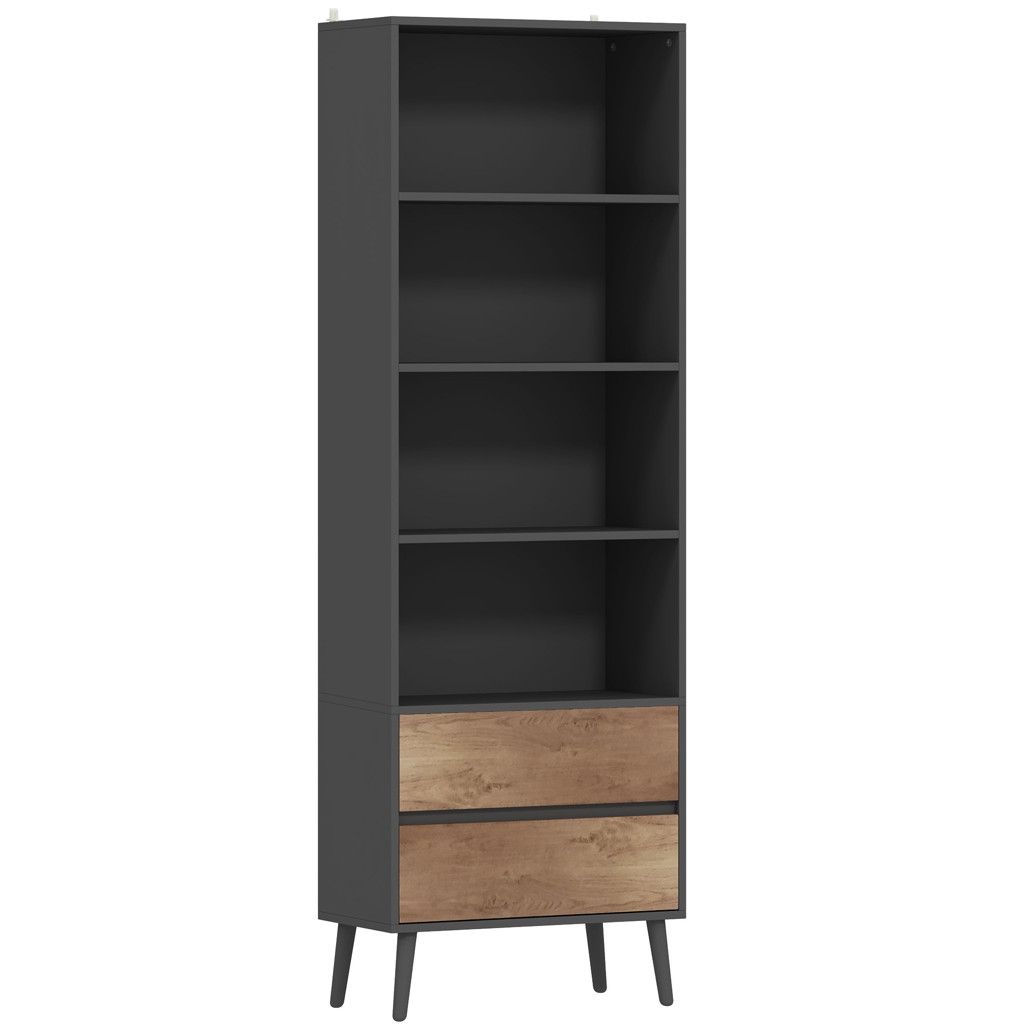 Bibliothèque meuble de rangement étagere à livres avec 4 compartiments ouverts et 2 tiroirs, étagère de rangement pour salon, chambre, bureau, 60 x 30 x 179 cm, gris