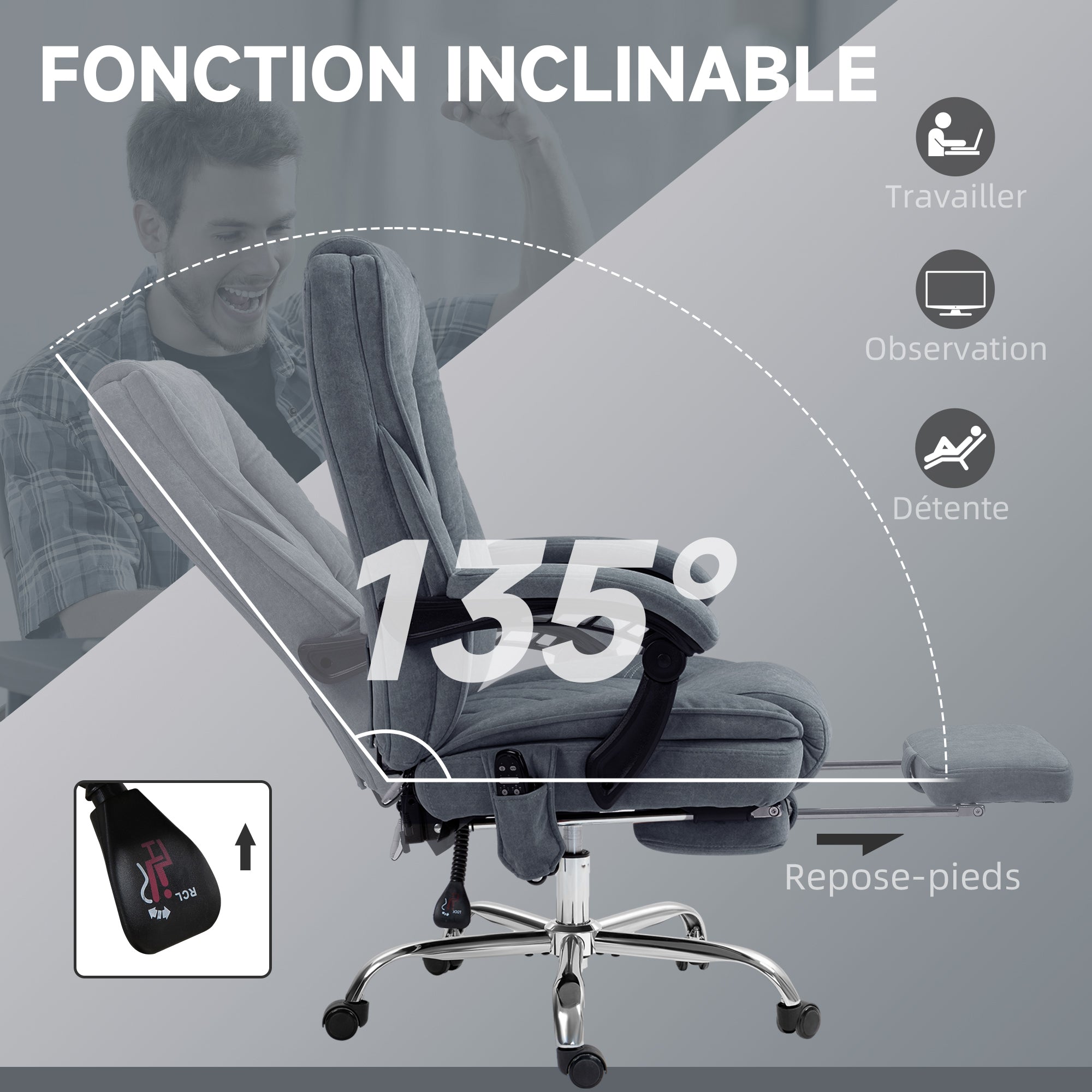 Fauteuil de bureau massant et chauffant chaise de bureau chaise ergonomique avec hauteur réglable dossier inclinable télécommande filaire repose-pieds rétractable et pivotant 360° gris