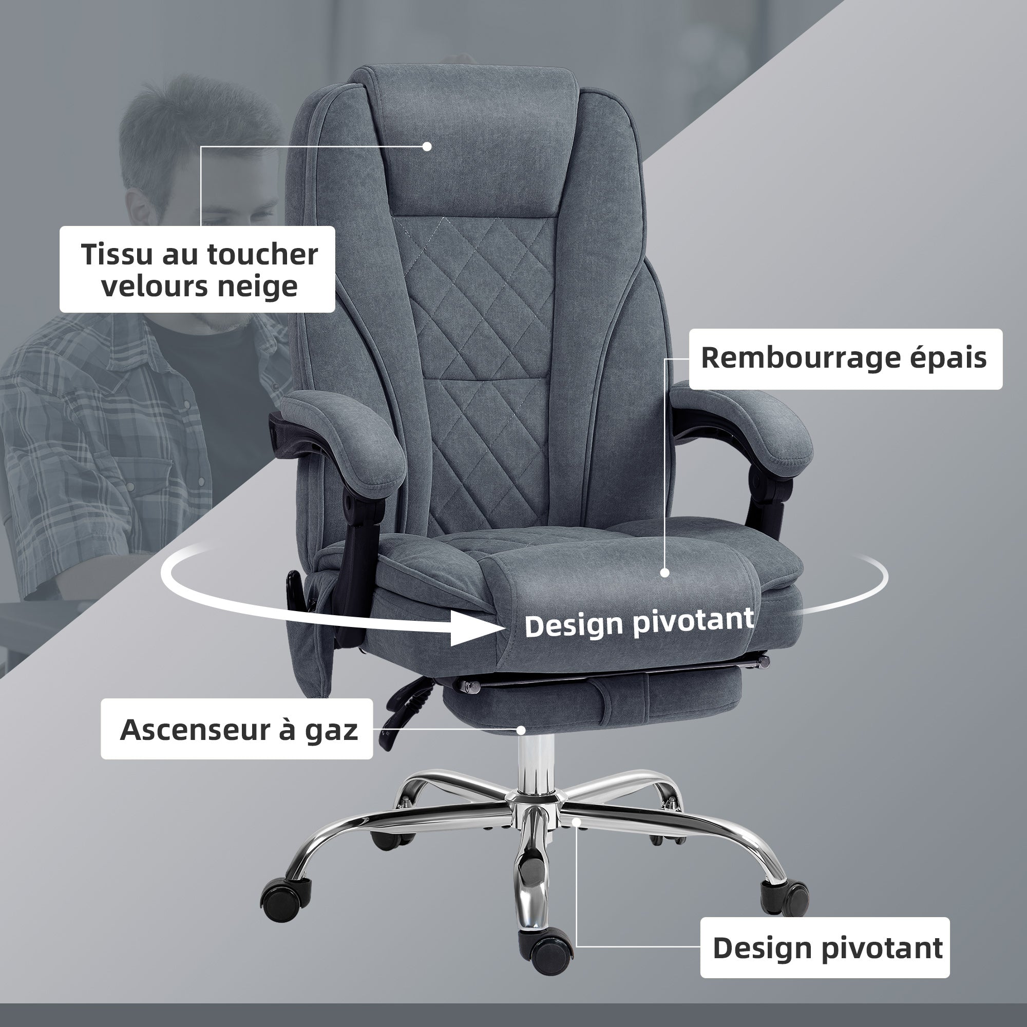 Fauteuil de bureau massant et chauffant chaise de bureau chaise ergonomique avec hauteur réglable dossier inclinable télécommande filaire repose-pieds rétractable et pivotant 360° gris