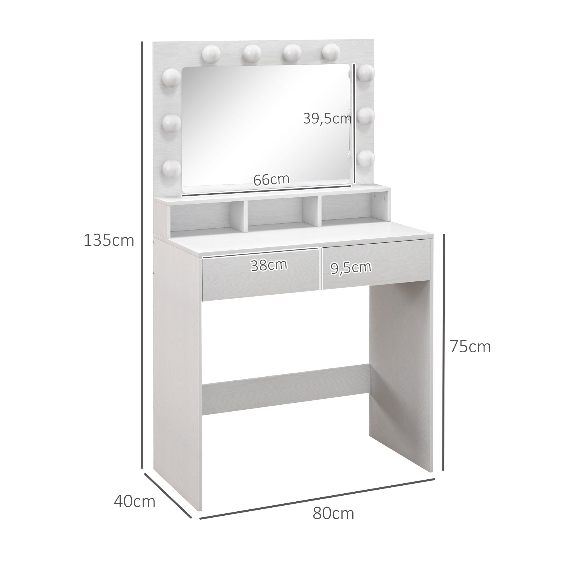 Coiffeuse avec miroir Hollywood, table de maquillage avec tiroirs, 3 modes d'éclairage, 10 ampoules, coiffeuse moderne pour chambre à coucher, salon, 80 x 40 x 135 cm, blanc